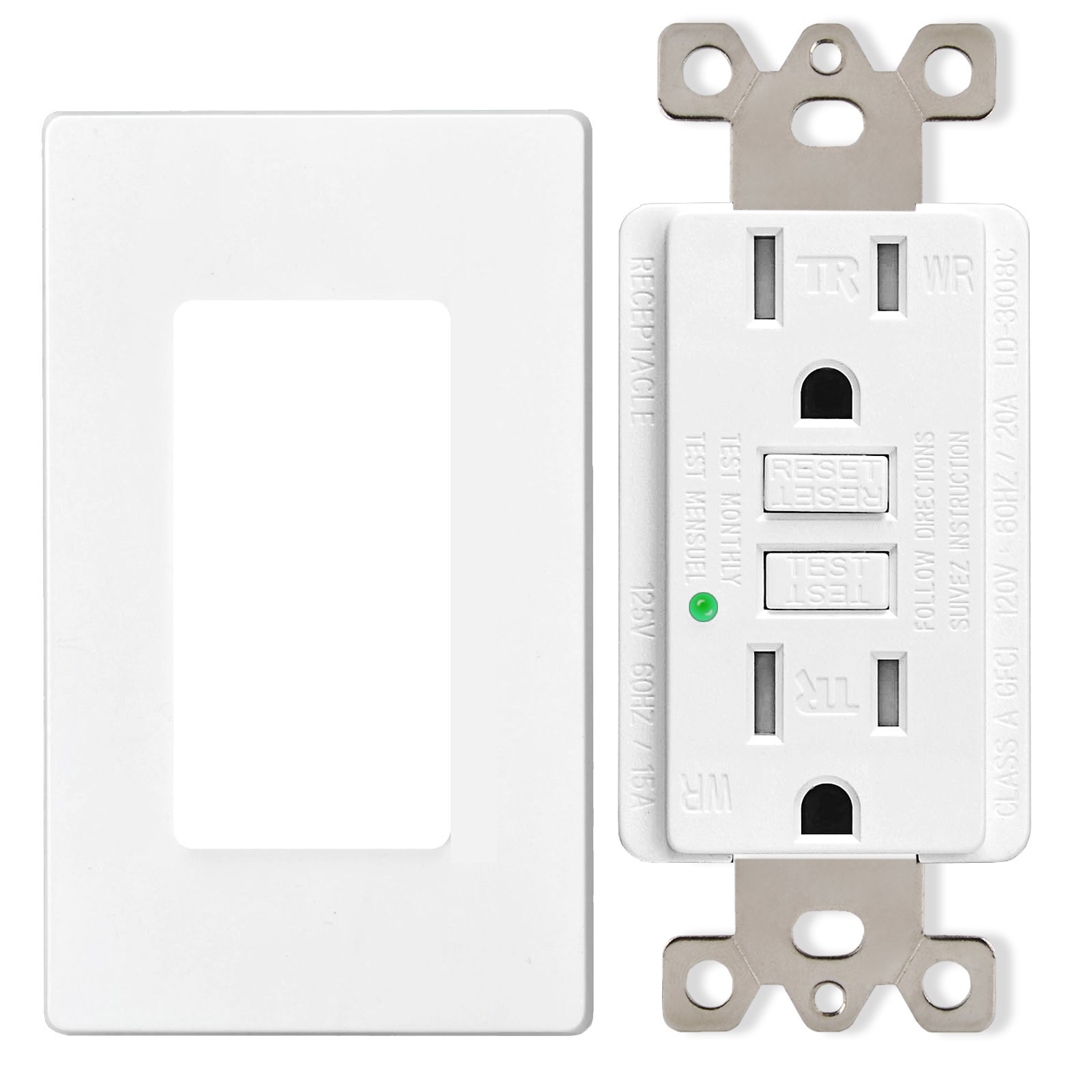 3-Pack 15 Amp GREENCYCLE GFI Electrical GFCI Outlet, Wall Plate Included White