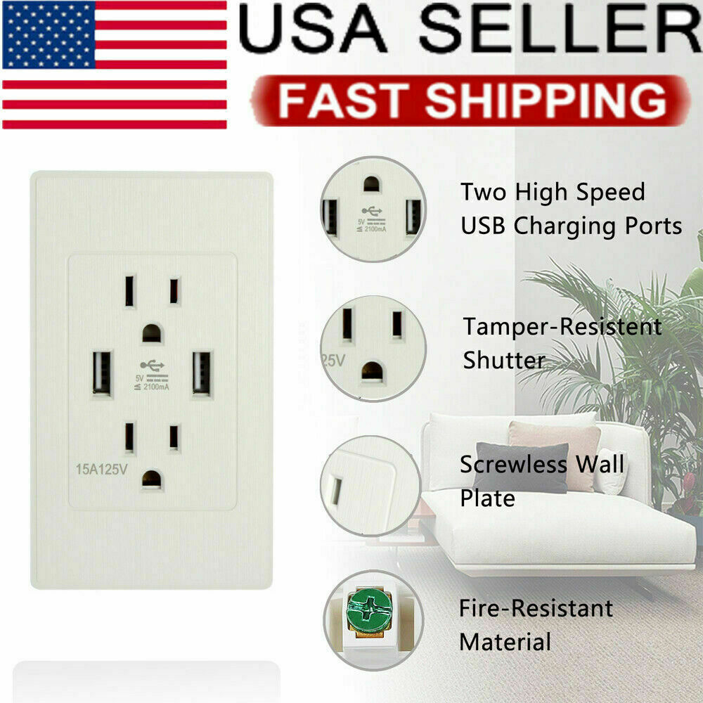 Dual USB Wall Outlet Fast Charger Port Socket 15A 3 Prong Electrical Receptacles