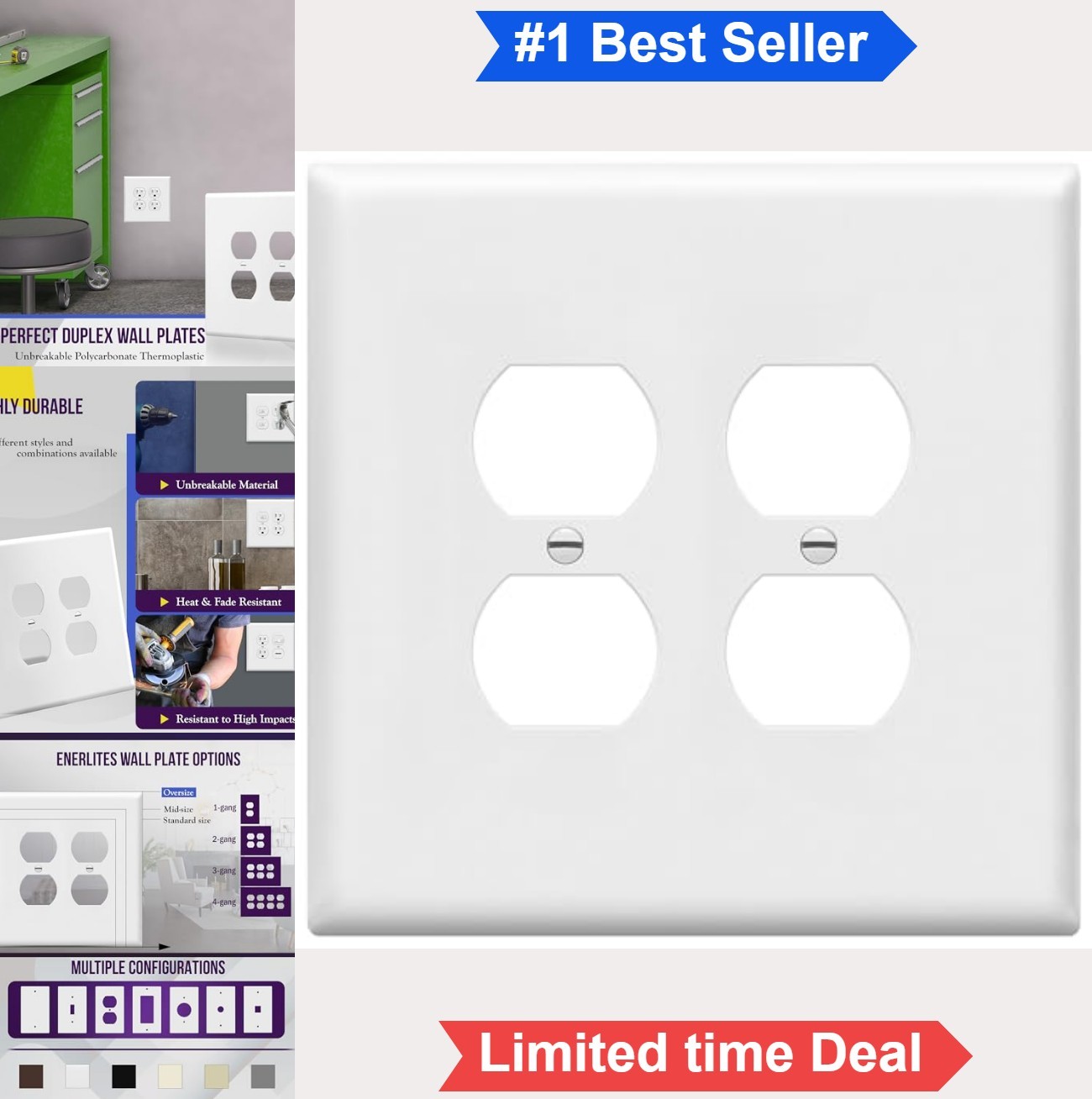 Jumbo Double Duplex Receptacle Cover 2 Gang Wall Plate Polycarbonate Screw-In