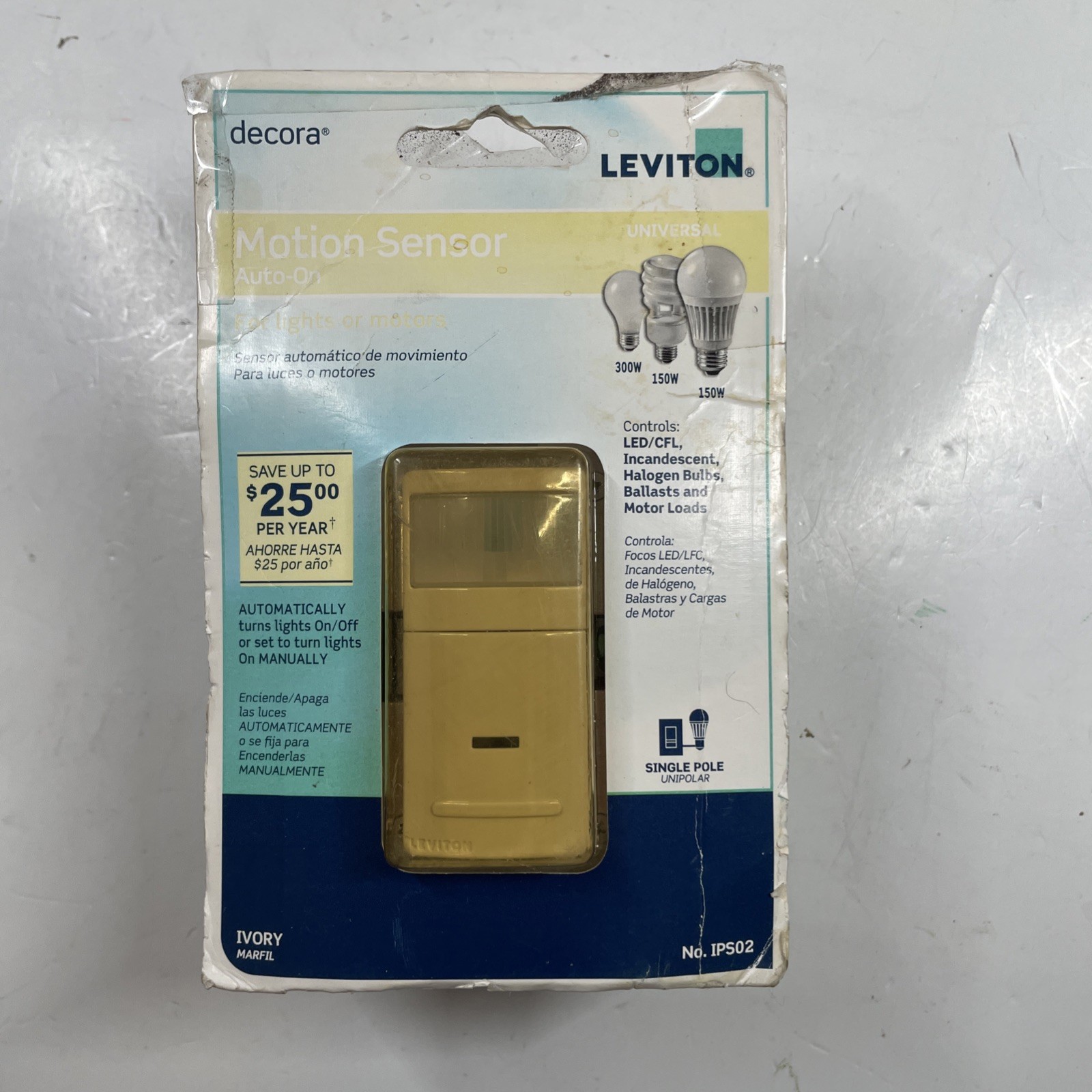 Leviton IPS02 Decora Auto-On Universal Motion Sensor, Ivory, NEW Open Package