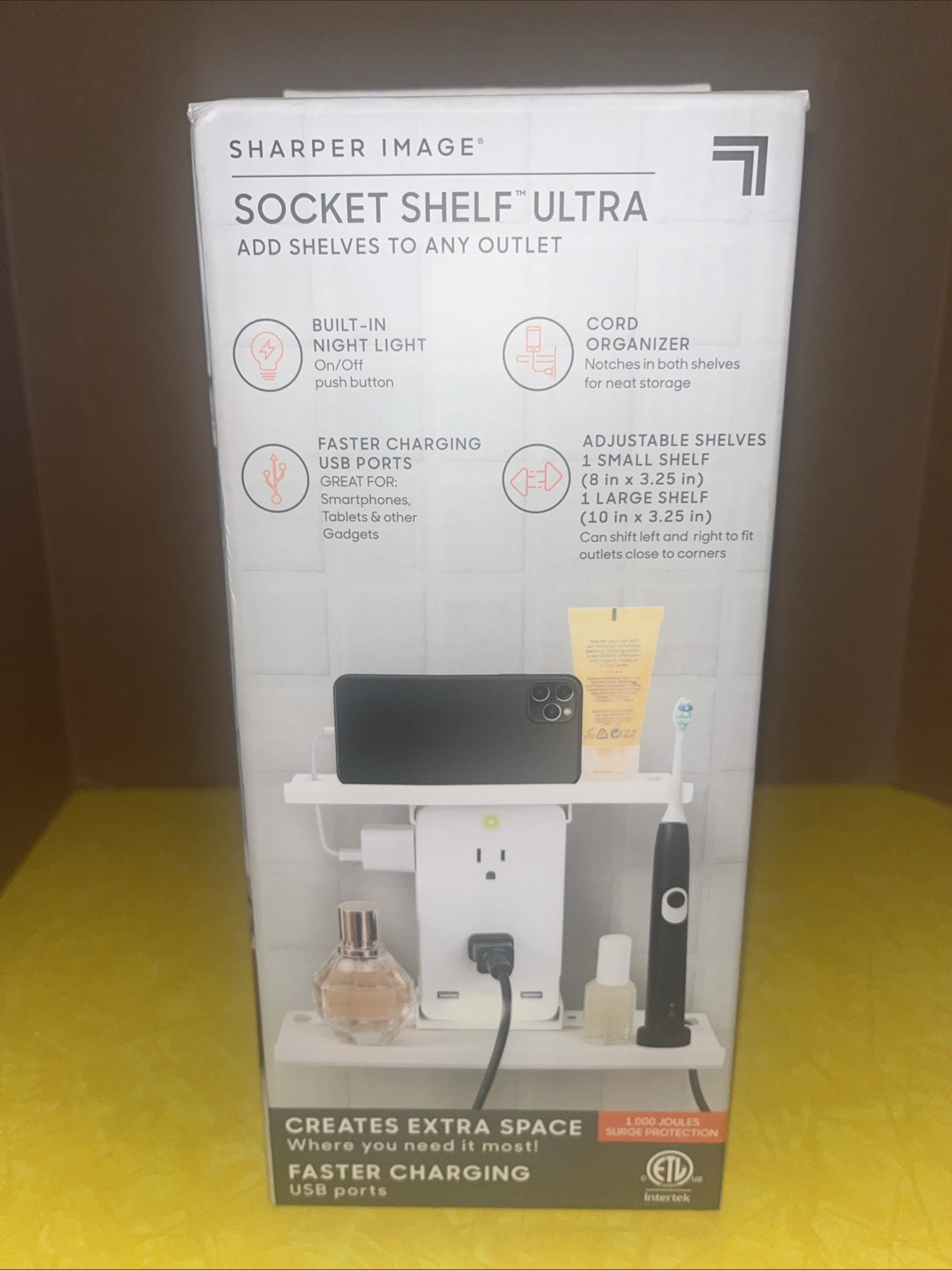 Sharper Image Socket Shelf Ultra 6 Outlets 2 USB Ports 2 Shelves Cord Organizer