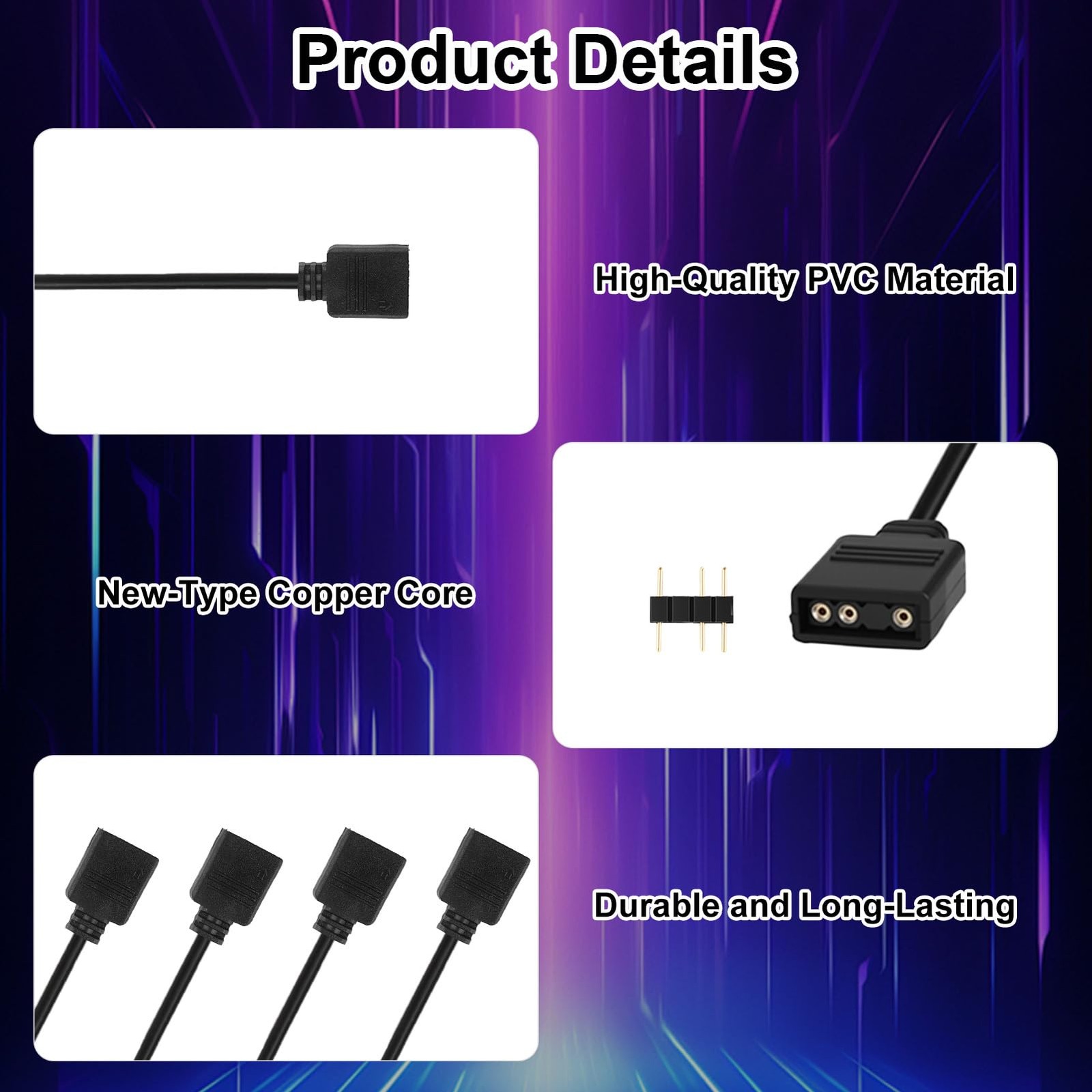 4 Pcs 5V 3-Pin ARGB Extension Cable, ARGB 1-To-1 Female to Female Cable Extensio