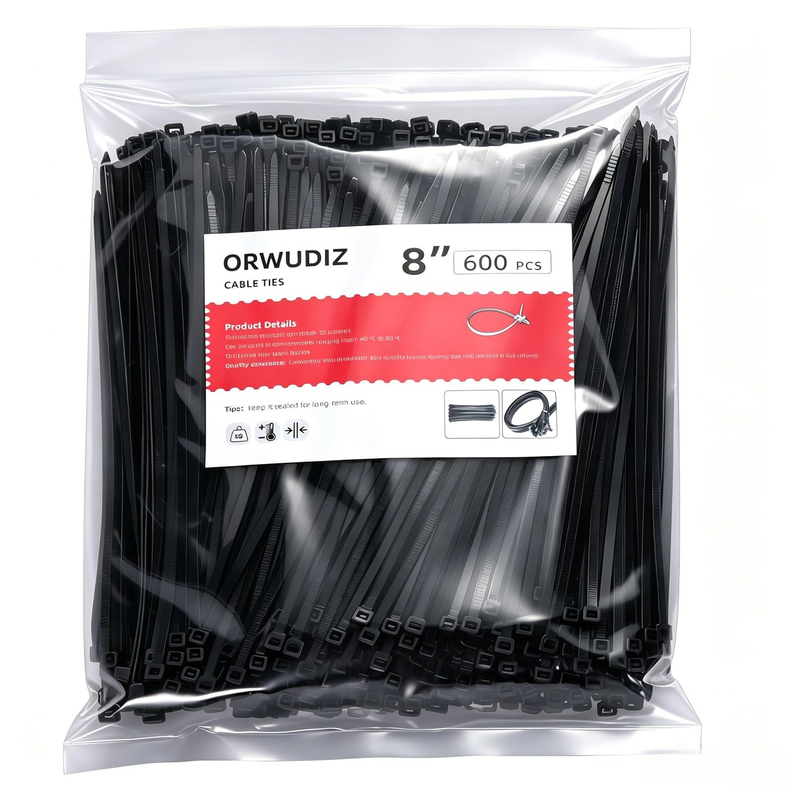 ORWUDIZ Cable Zip Ties, 8 Inch Black 600 Pcs, 8*1.38 inches, 600pcs