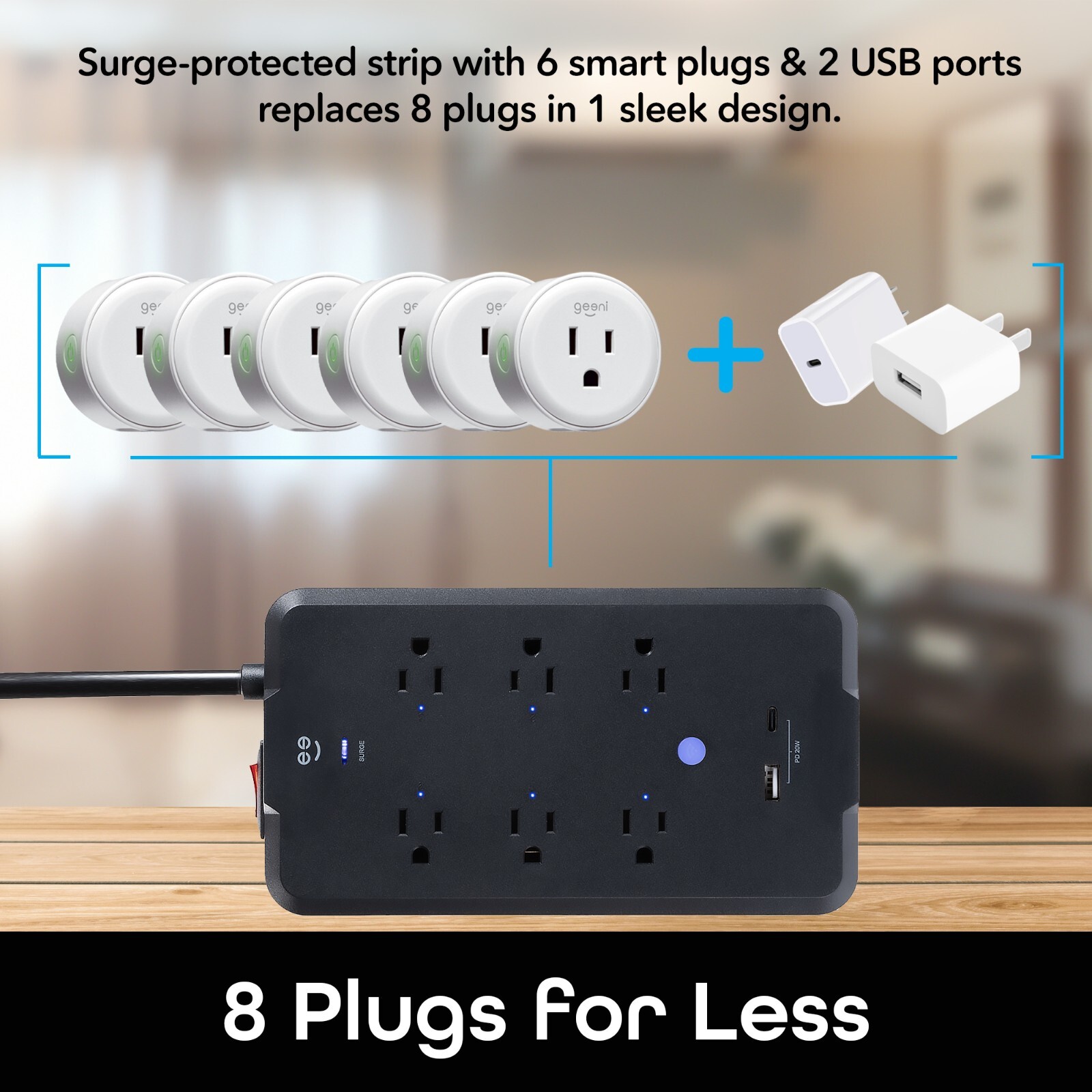 Geeni Surge Ultra Smart Surge Protector – 6 Outlets and 2 USB Ports 6 ft. Cord