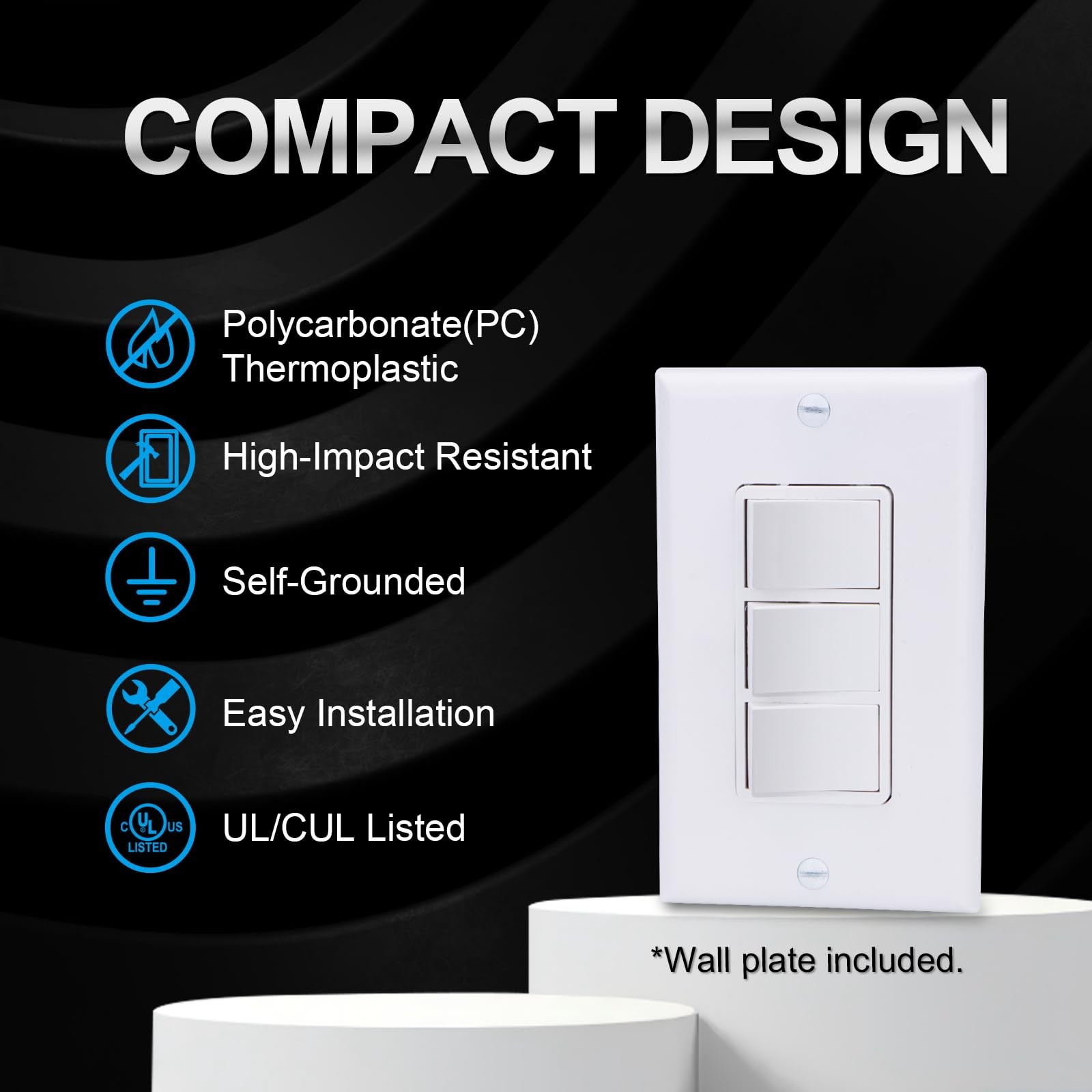 Triple Rocker Light Switch with Wall Plate, 15A 120V Single Pole, 3 Individua…