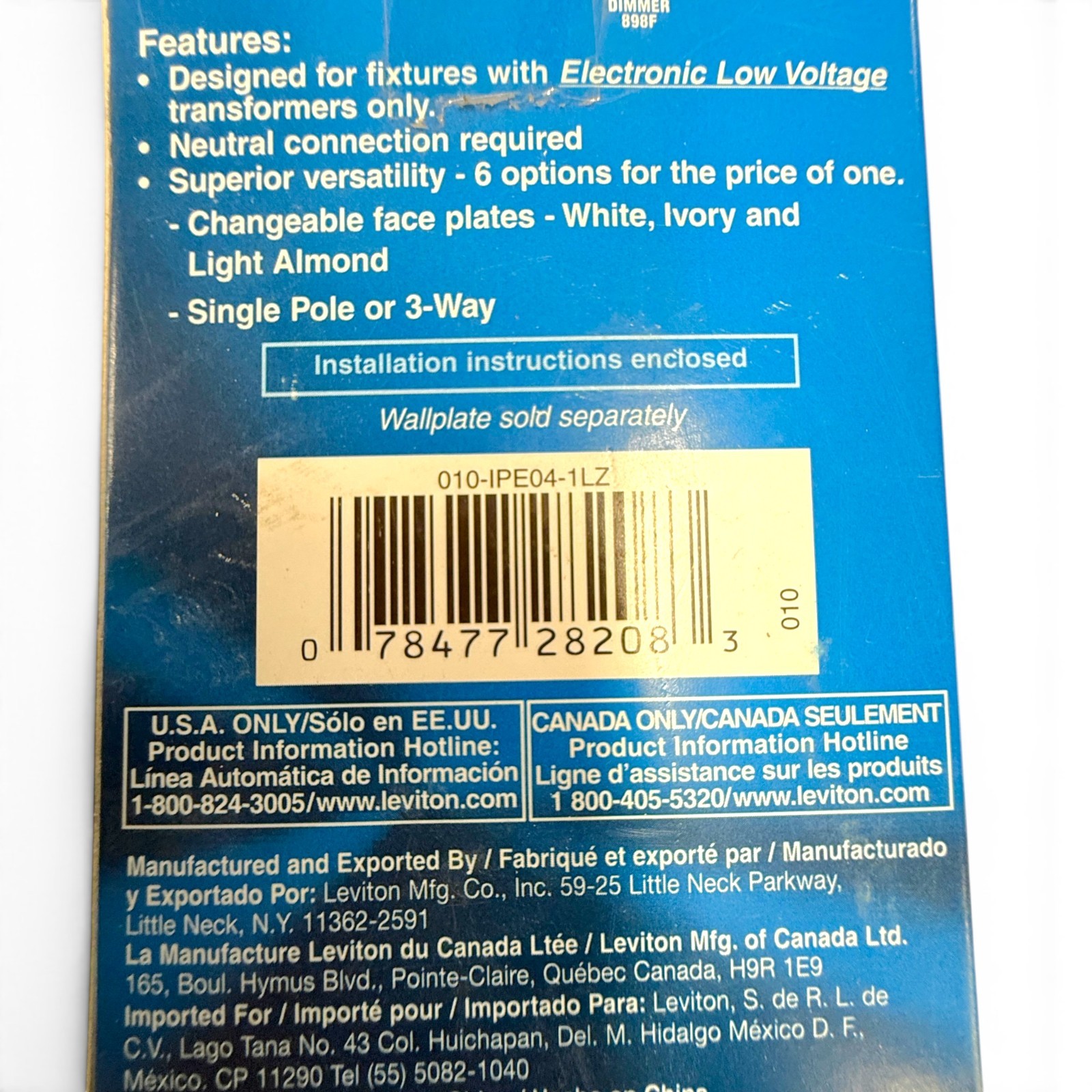 Leviton IPE04-1LZ Illumatech Electronic Low Voltage Slide Dimmer – New
