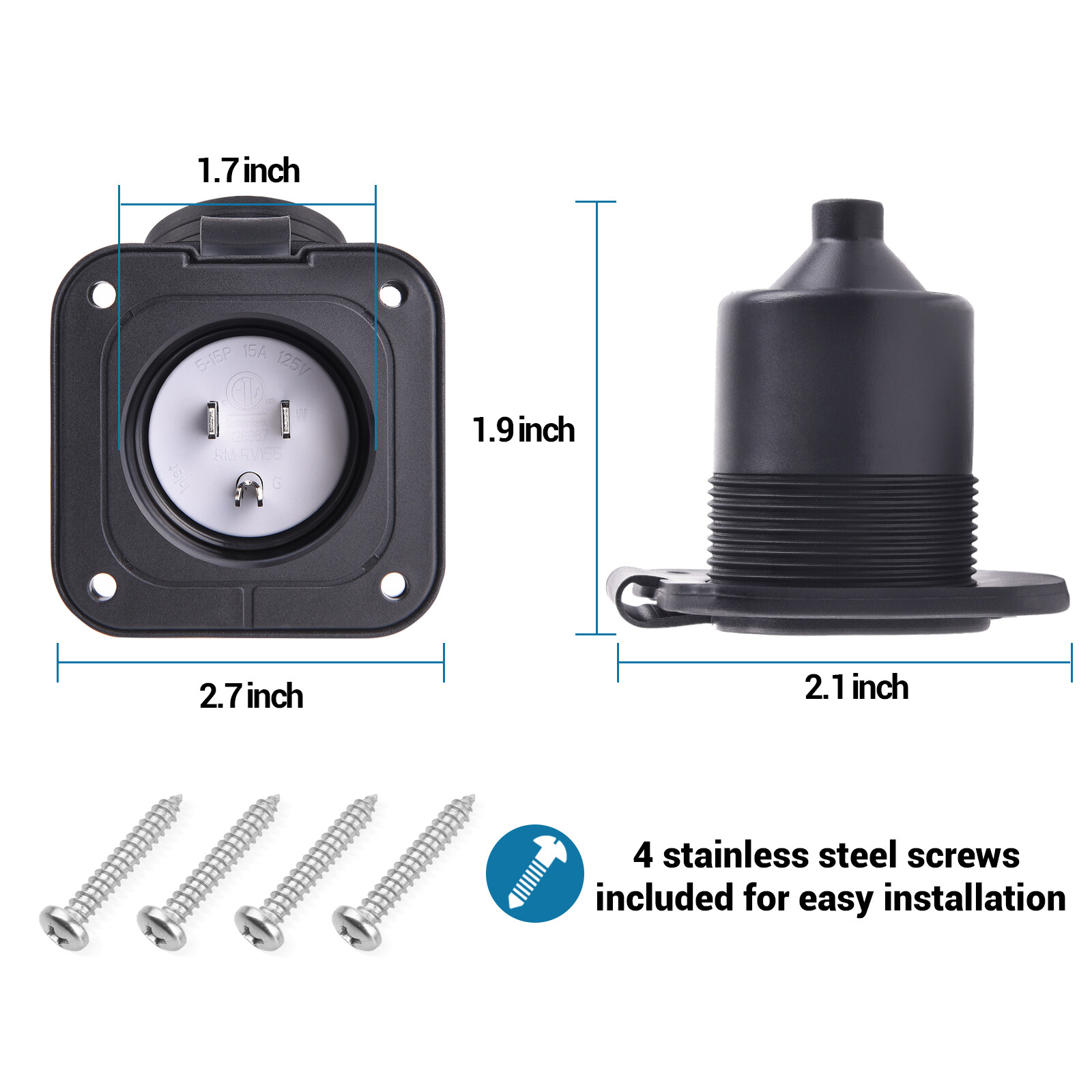 15A AC Port Plug 125V Shore Power Inlet Flanged NEMA 5-15 for Boat Marine RV
