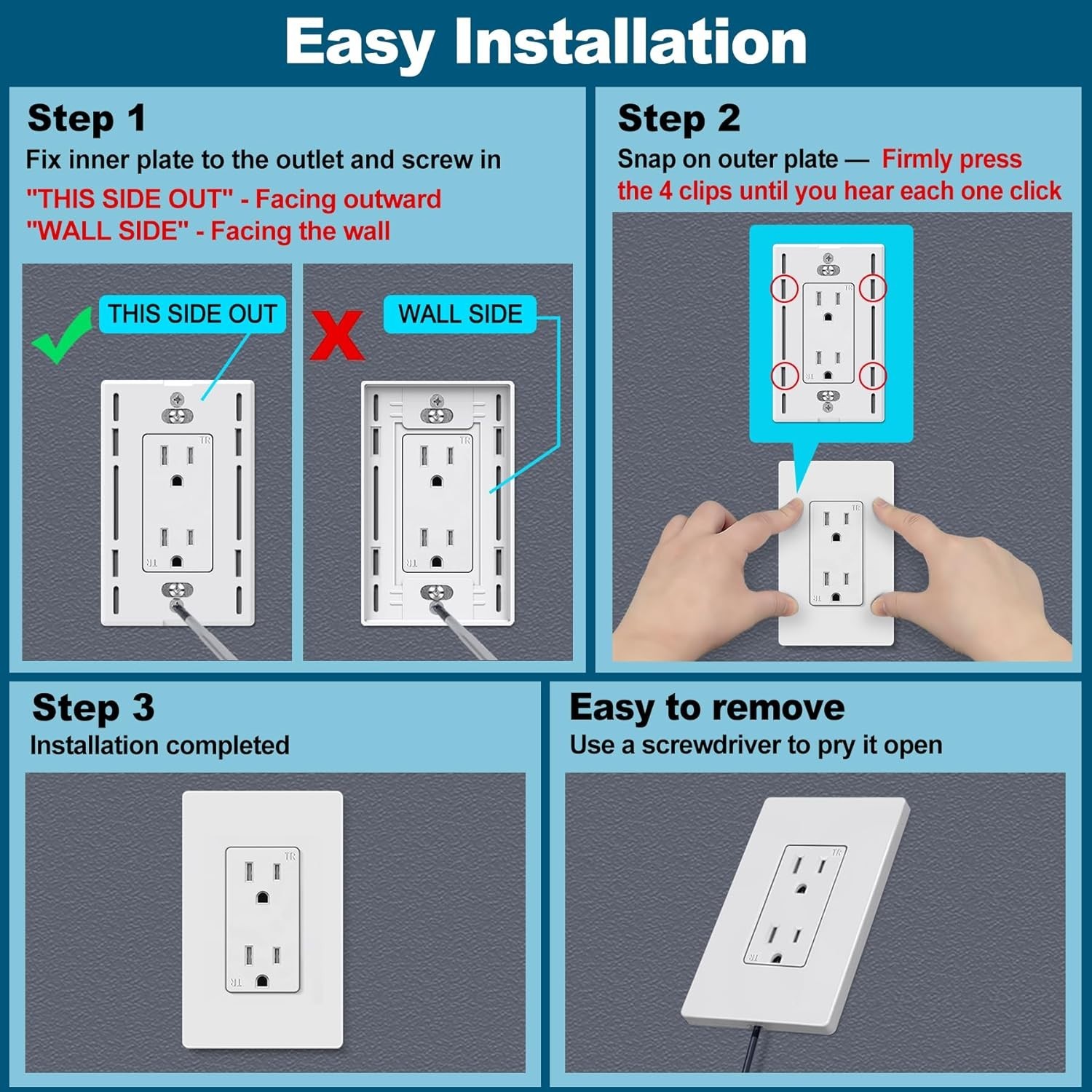 8-Pack Screwless Glossy Wall Plates, Durable Polycarbonate, 2.91″x4.68″ Size