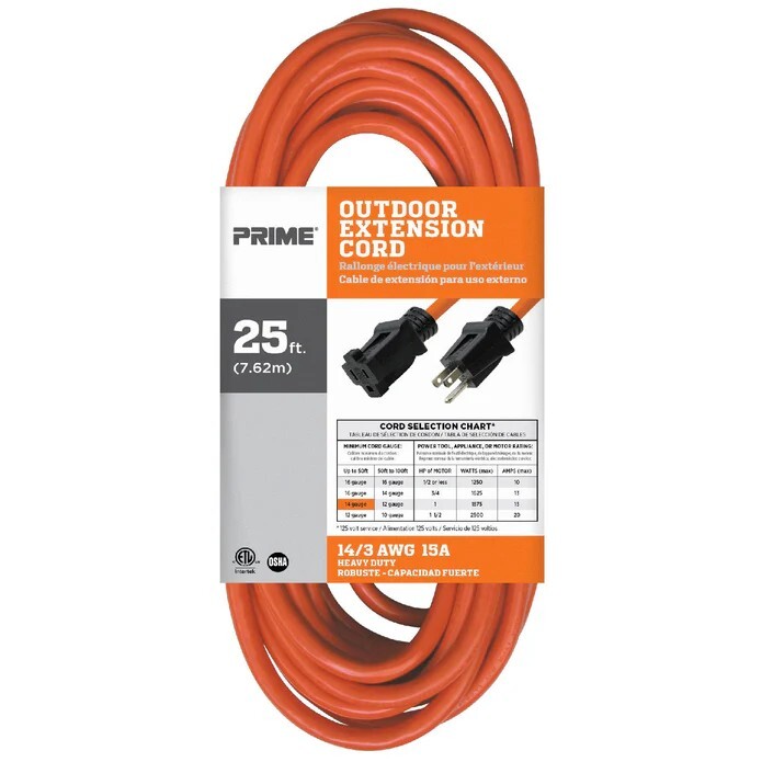 Prime 25ft Extension Cord 14 Gauge AWG 14/3 SJTOW Outdoor Heavy Duty