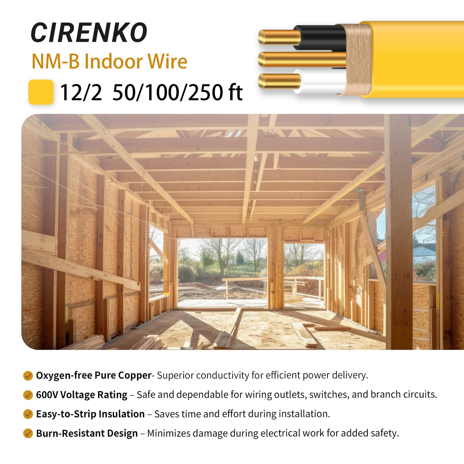 CIRENKO 12/2 NM-B Cable 100 FT – UL Listed Residential Indoor 100FT, Yellow