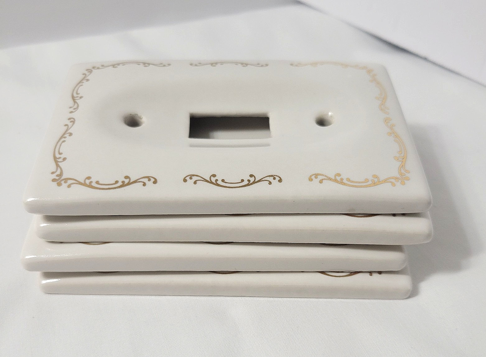 4 VTG Lenape Porcelain Ceramic Single Switch Plate Covers White/Cream & Gold