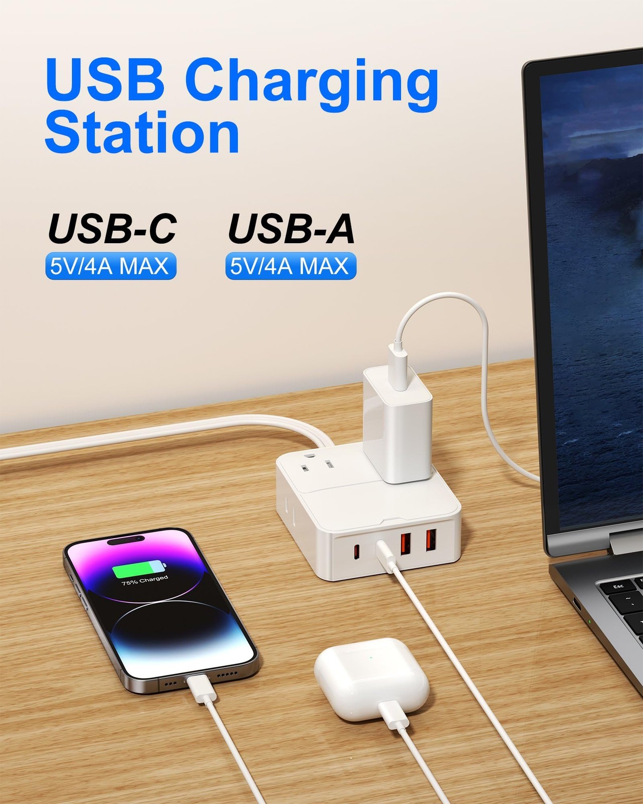 Flat Plug Power Strip with USB Ports – 4 AC & 4 USB Ports (20W), 6Ft Extensio…