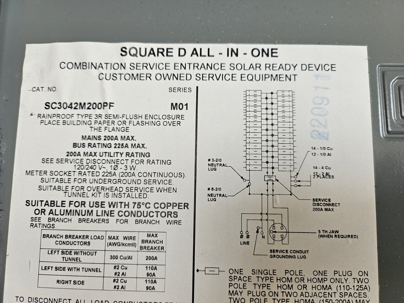 Square D SC3042M200PF 200A 30SP 42Cir Solar Ready Meter Main Breaker Load Center