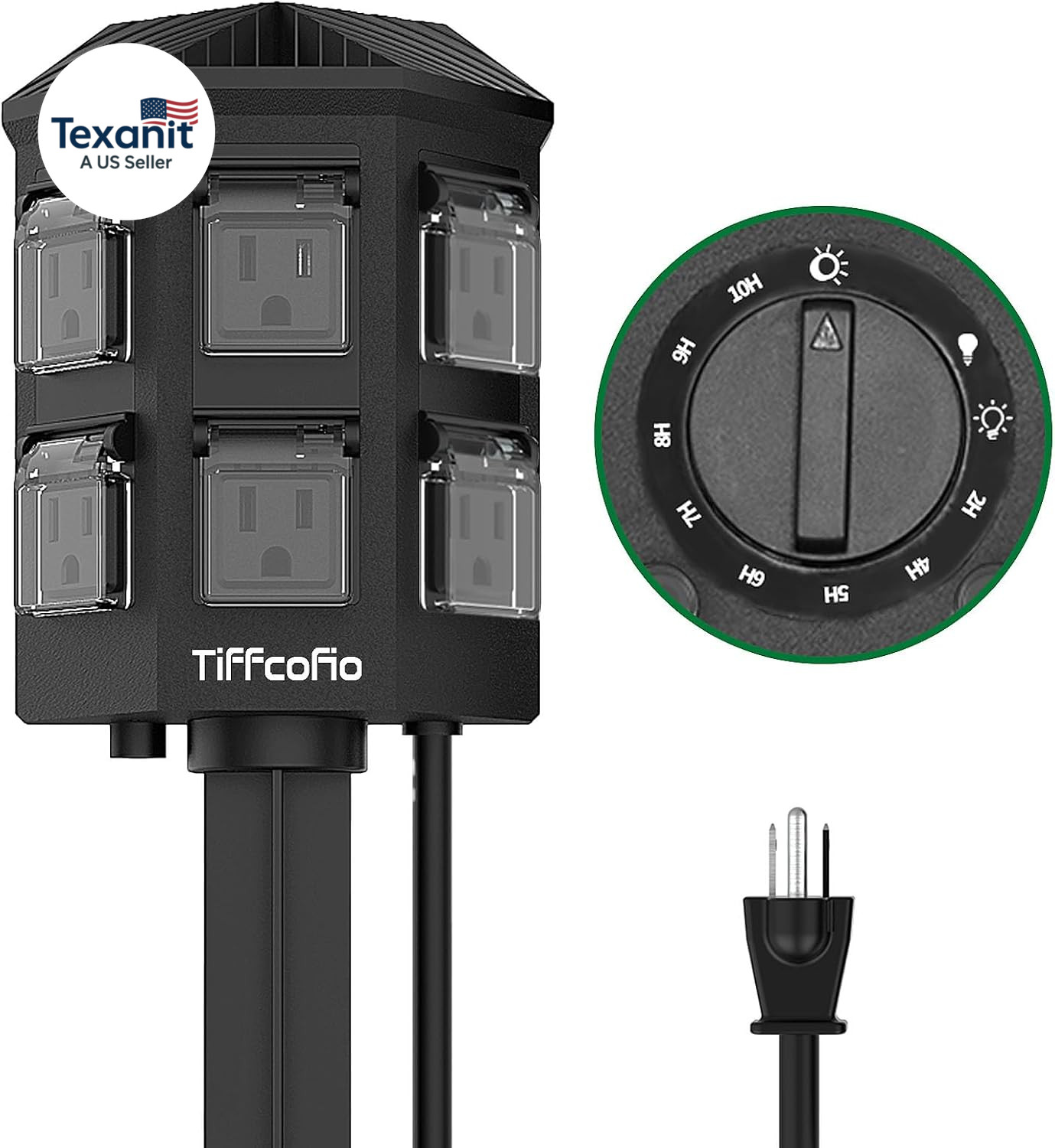 Outdoor Power Strip Timer, Dusk to Dawn Light Sensor Countdown, 6 Feet Extension