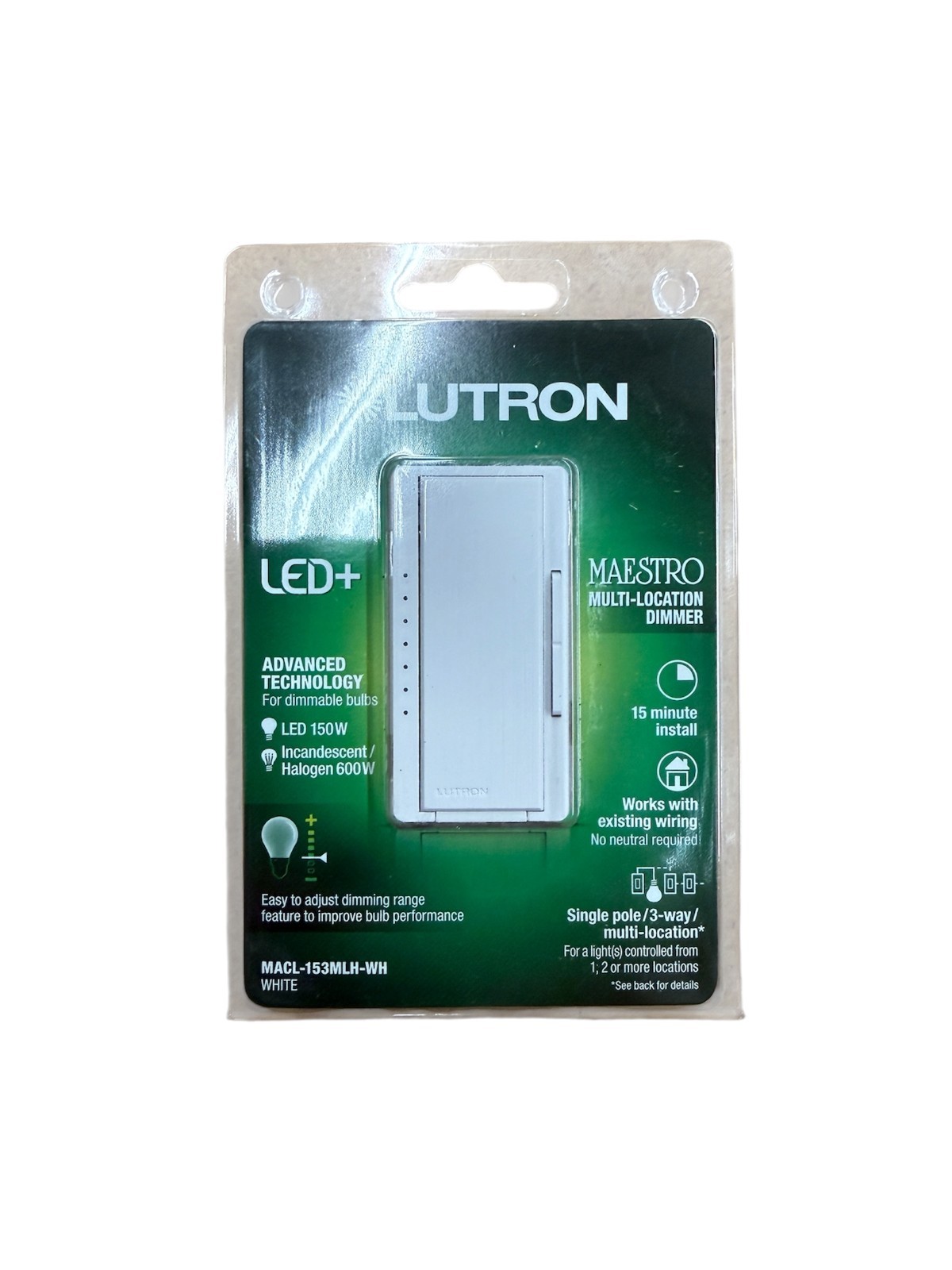 Lutron Maestro Dimmer Switch MACL-153MLH-WH LED Multi-Location White Single