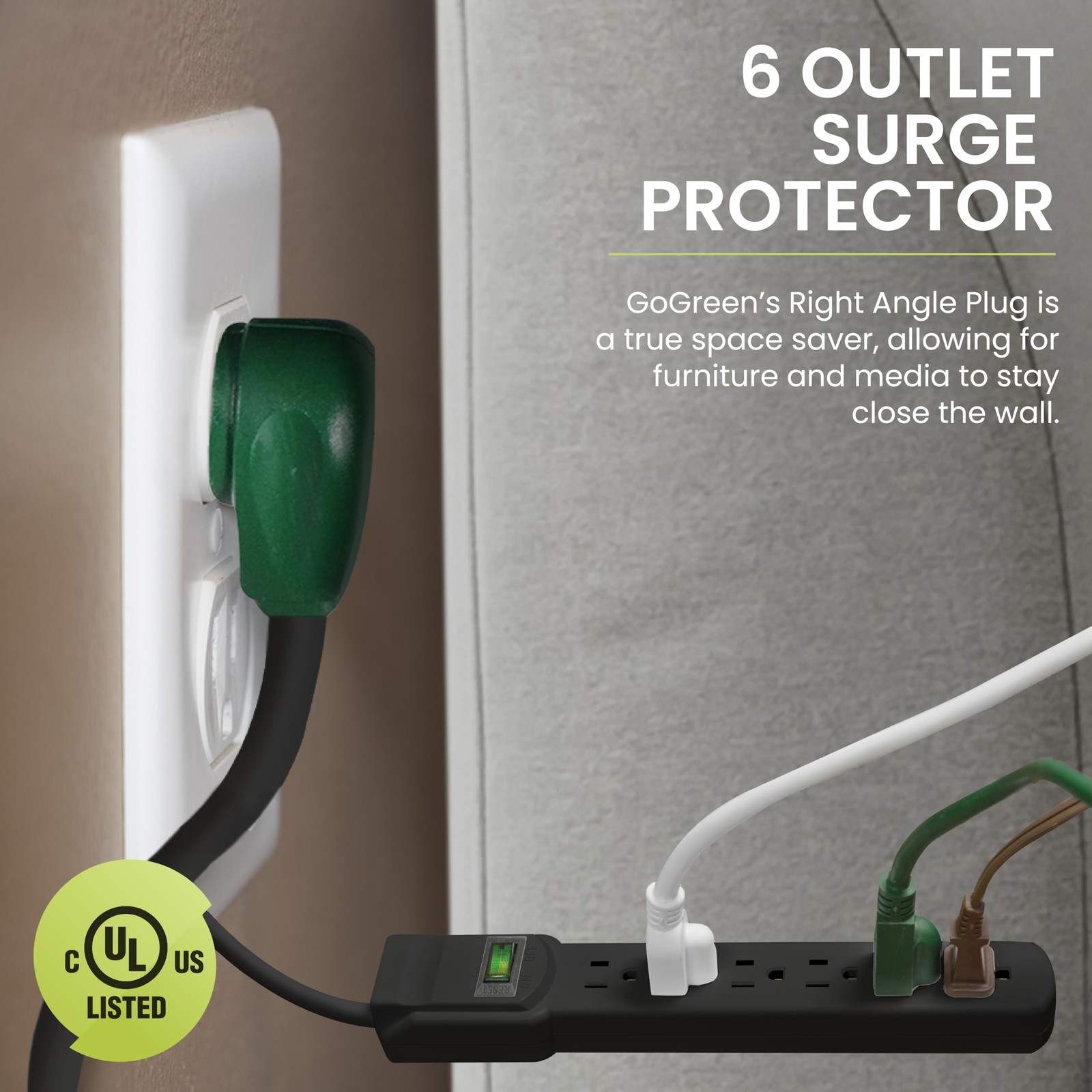 GoGreen Power 12ft 6 Outlet Surge Protector with Circuit Breaker and Indicato.