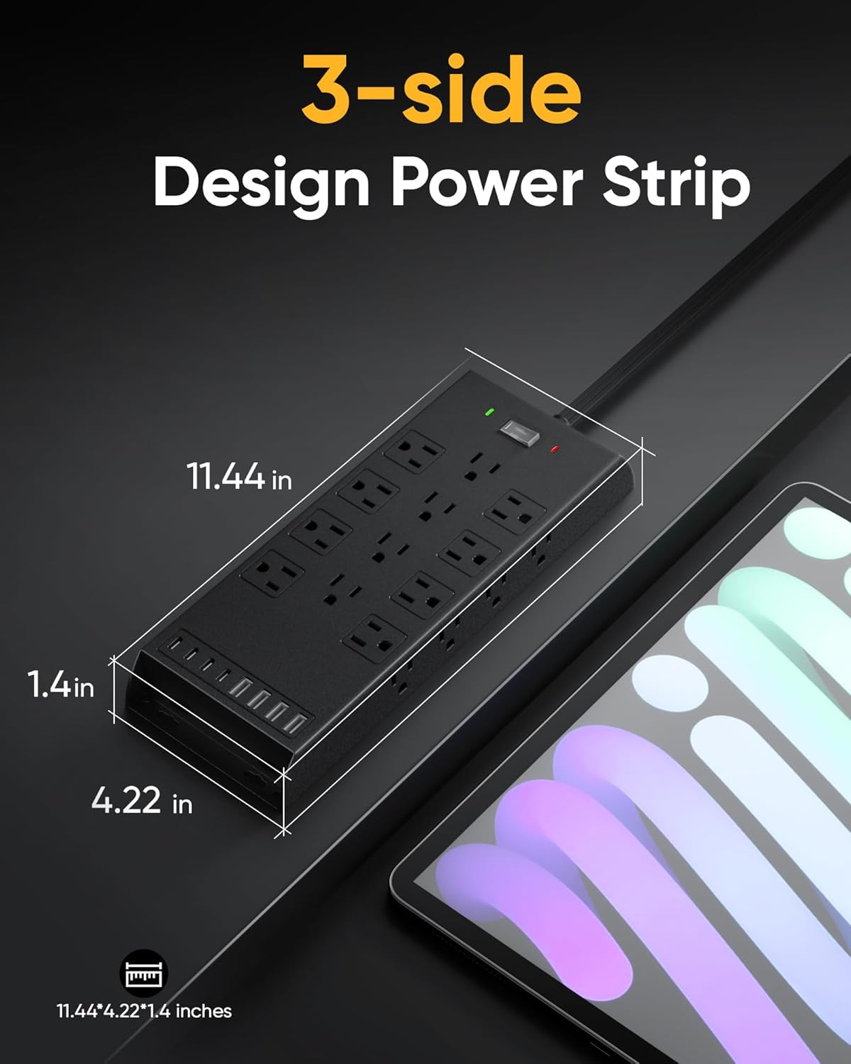4800J Surge Protector Power Strip, 10Ft Long Extension Cord, 20 AC Outlets, 8 US