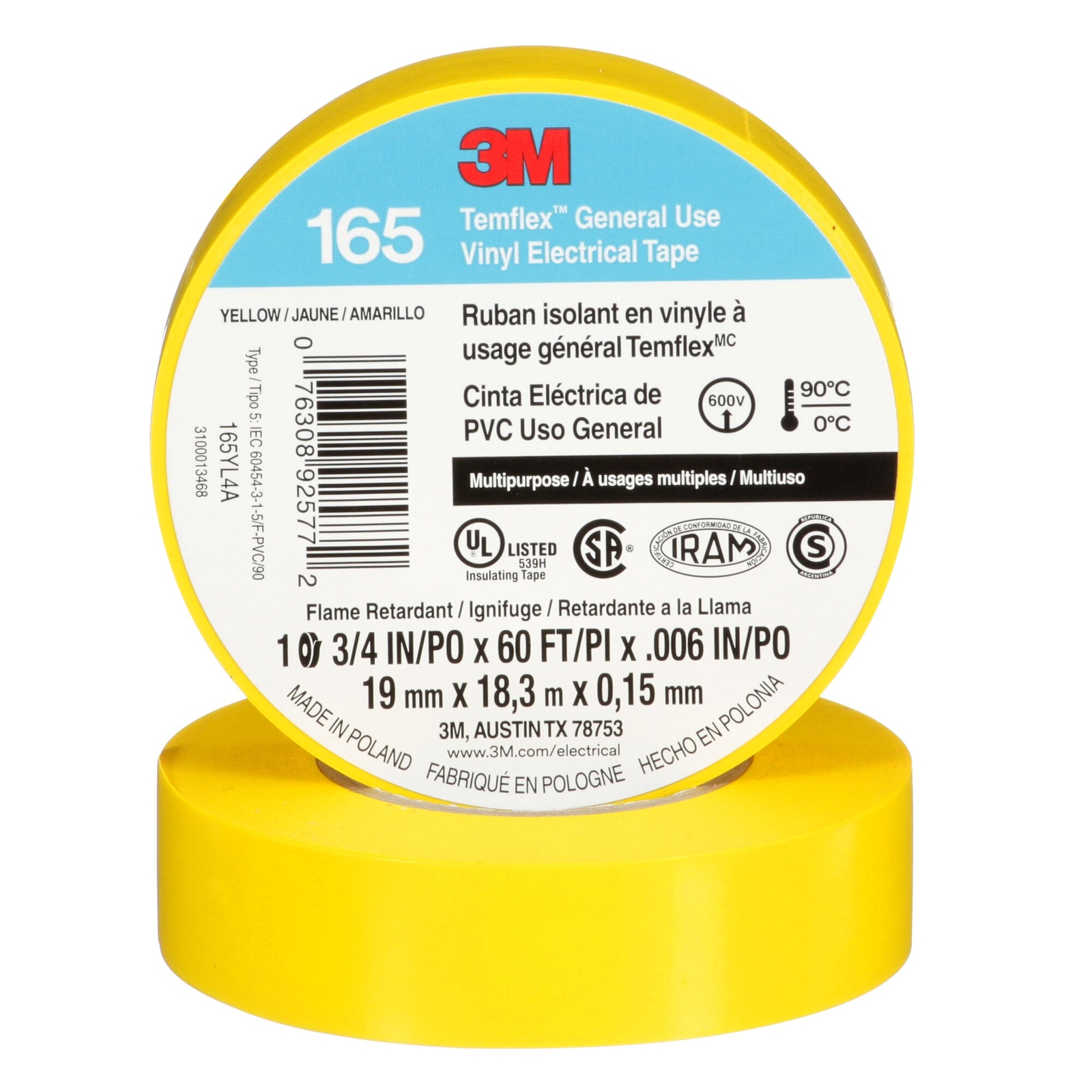 3M Temflex Vinyl Electrical Tape 165, Yellow, 3/4 in x 60 ft (19 mm x 18 m)
