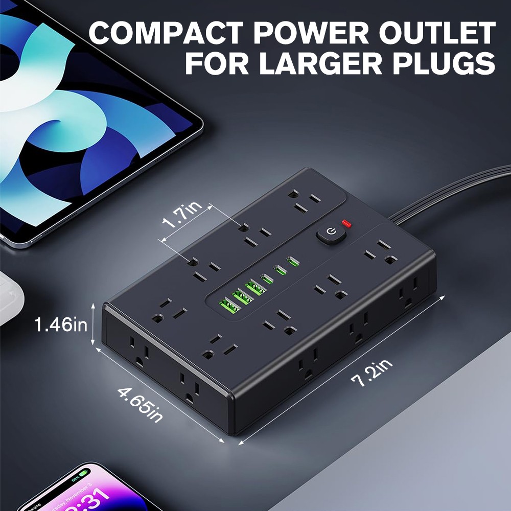 Power Strip Surge Protector 16 AC Outlets 3 USB Ports+3 Type C Ports 6.5FT Cable