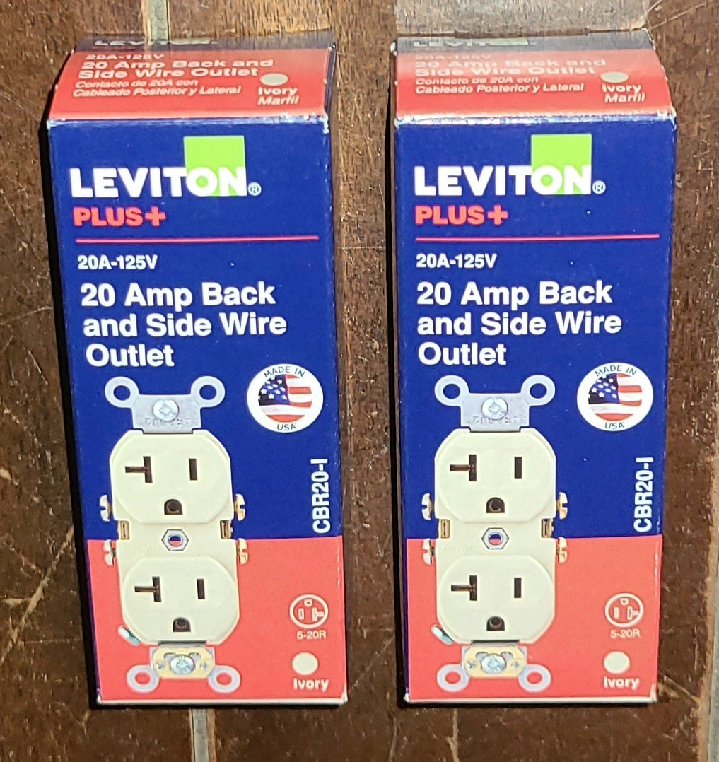 Lot of 2 Leviton+ 20A Back & Side Wire Outlets -IVORY- (20A-125V) #R511-CBR20-I