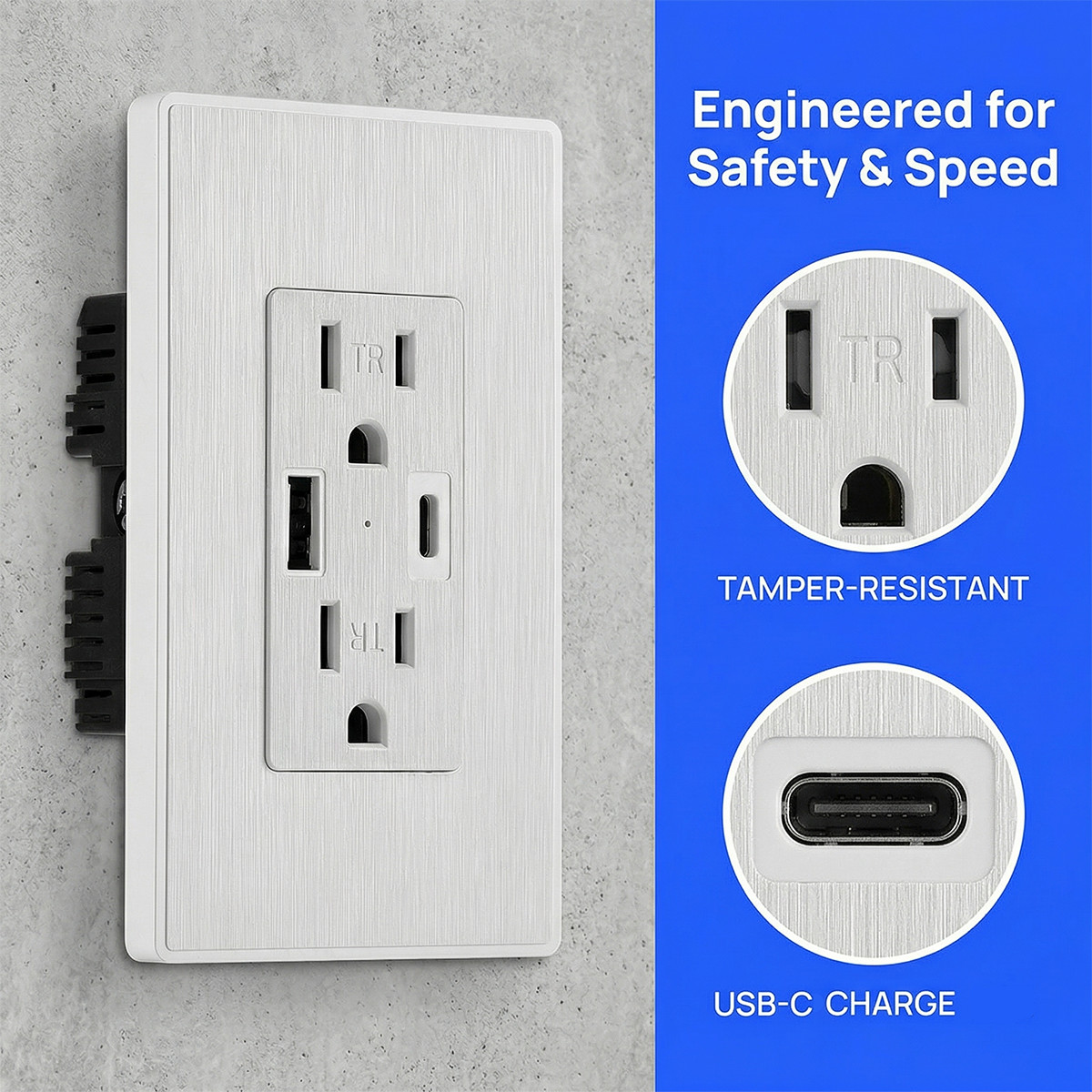 USB-C USB-A Dual Port Wall Socket Outlet Receptacle Electrical Socket 15A