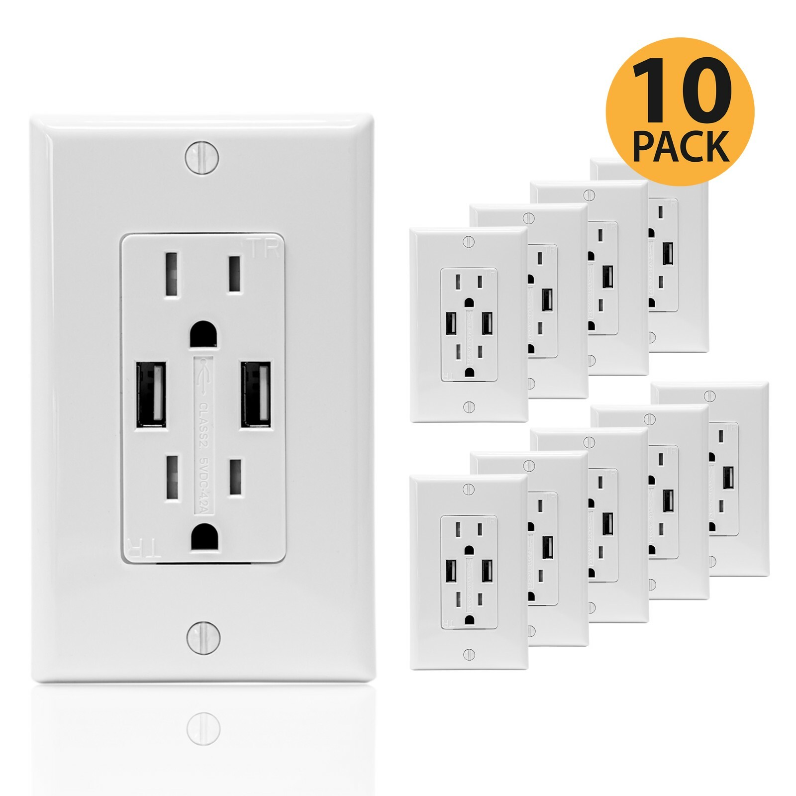 [10-Pack] Ultra High Speed 4.8A USB Wall Outlet, Tamper Resistant 15A Receptacle