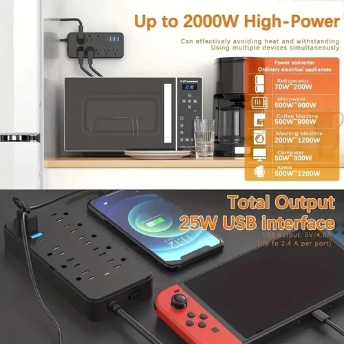 US Power Strip Surge Protector 8 AC Outlets 3 USB Ports + Type C Port 4 FT Cable