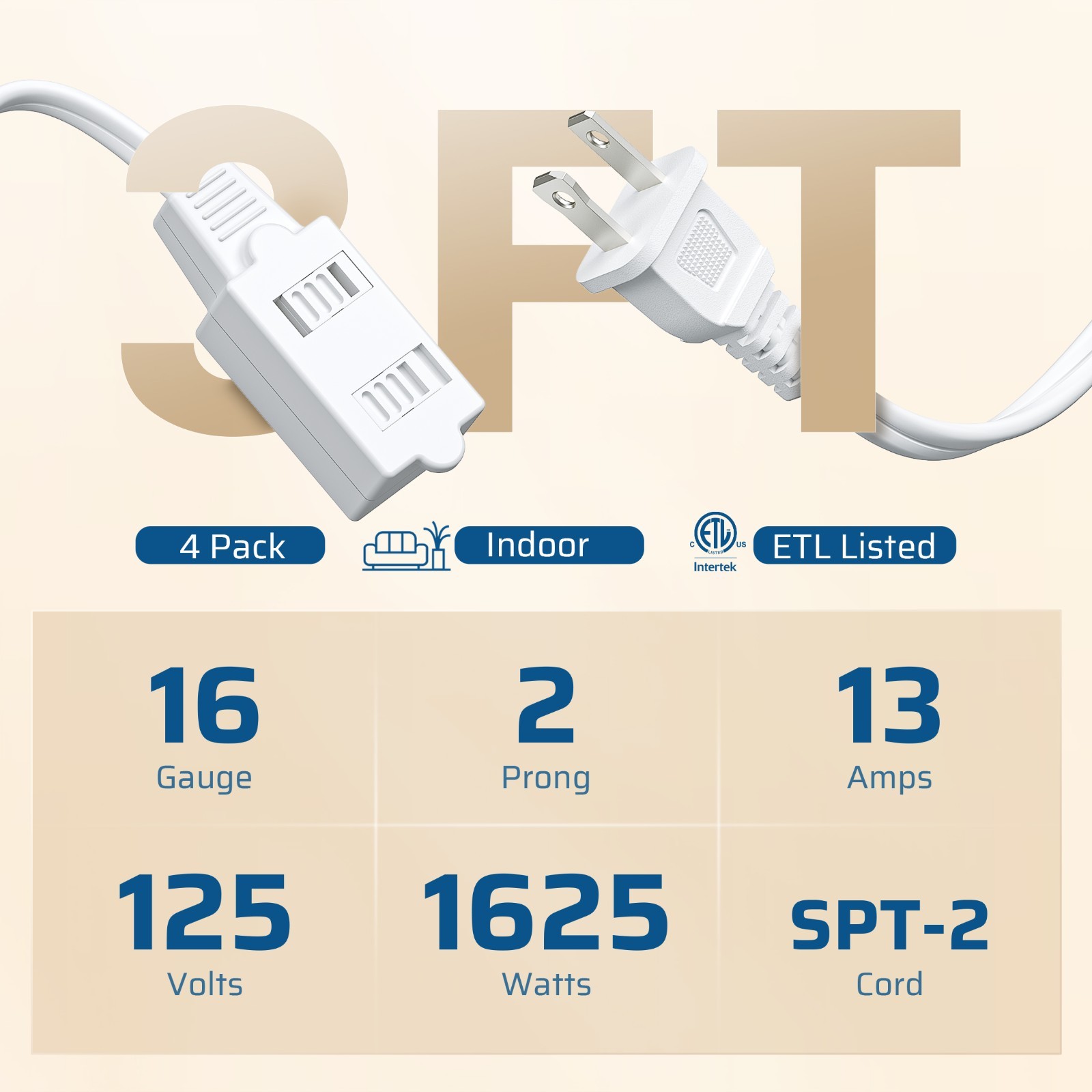 DEWENWILS 4 Pack 3FT Extension Cords for Indoor 2 Prong 3 Outlets with Safety