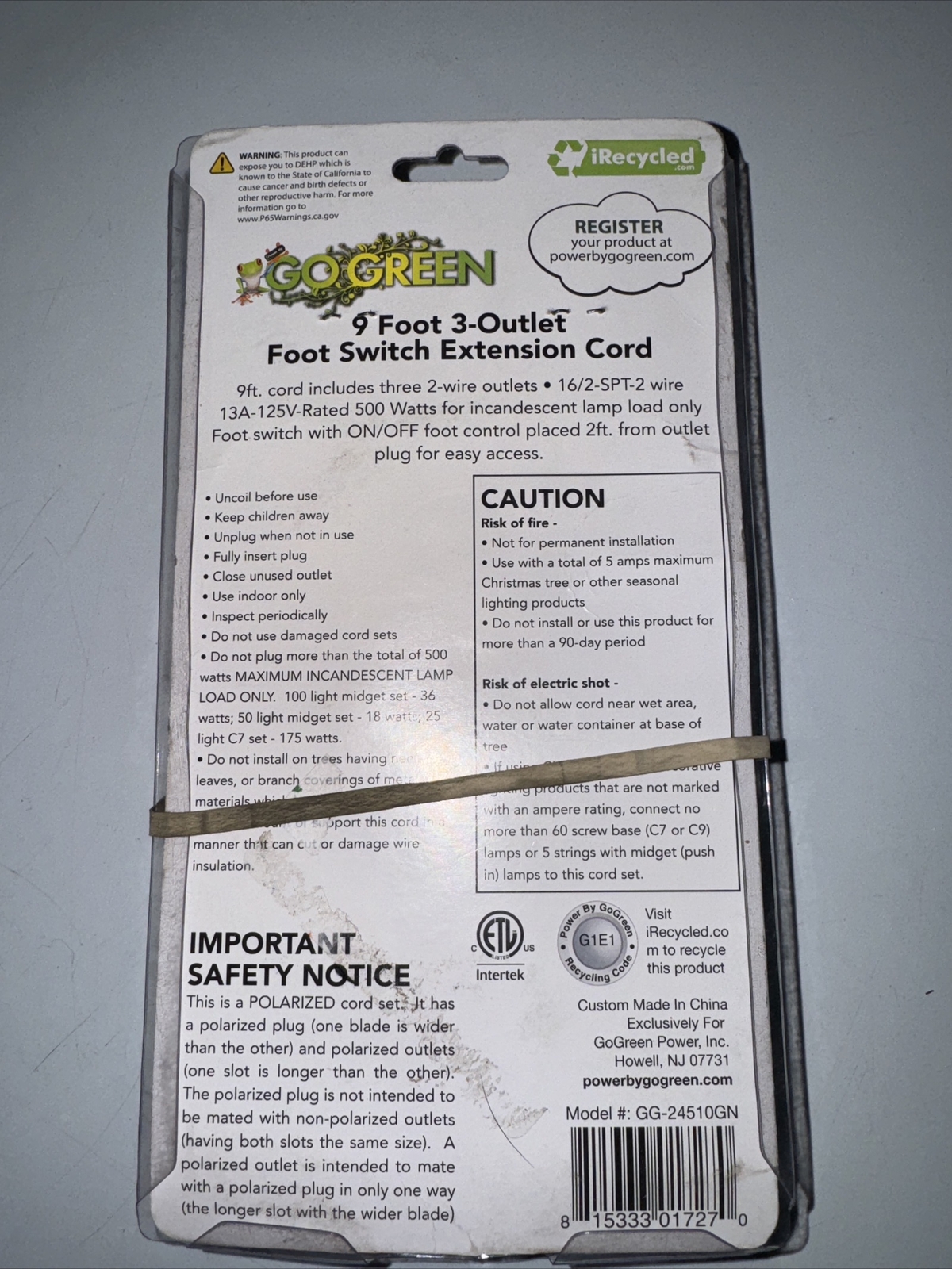 GoGreen Power (GG-24510GN) 3-Outlet Foot Switch Extension Cord, 16/2 SPT-2 9’