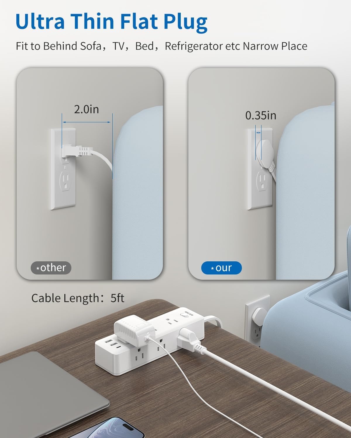 5 FT Extension Cord with Multiple Outlets, MSCIEN Flat Plug Power Strip, 6 Outle