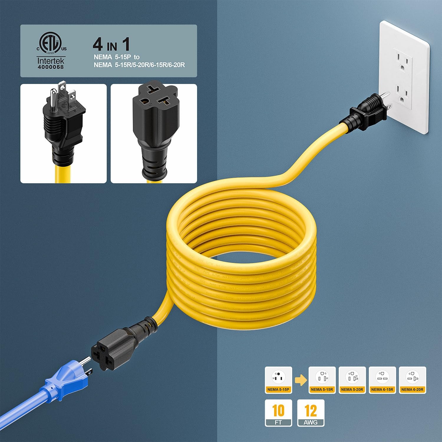 Plugrand NEMA 5-15P To 5-15R/ 5-20R/ 6-15R/ 6-20R AC Adapter, 10FT PC-0050-10FT