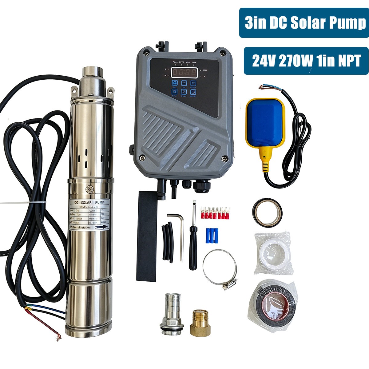 270W 3″ Solar Pump Submersible Pump Bore DC 24V Deep Well Pump + MPPT Controller