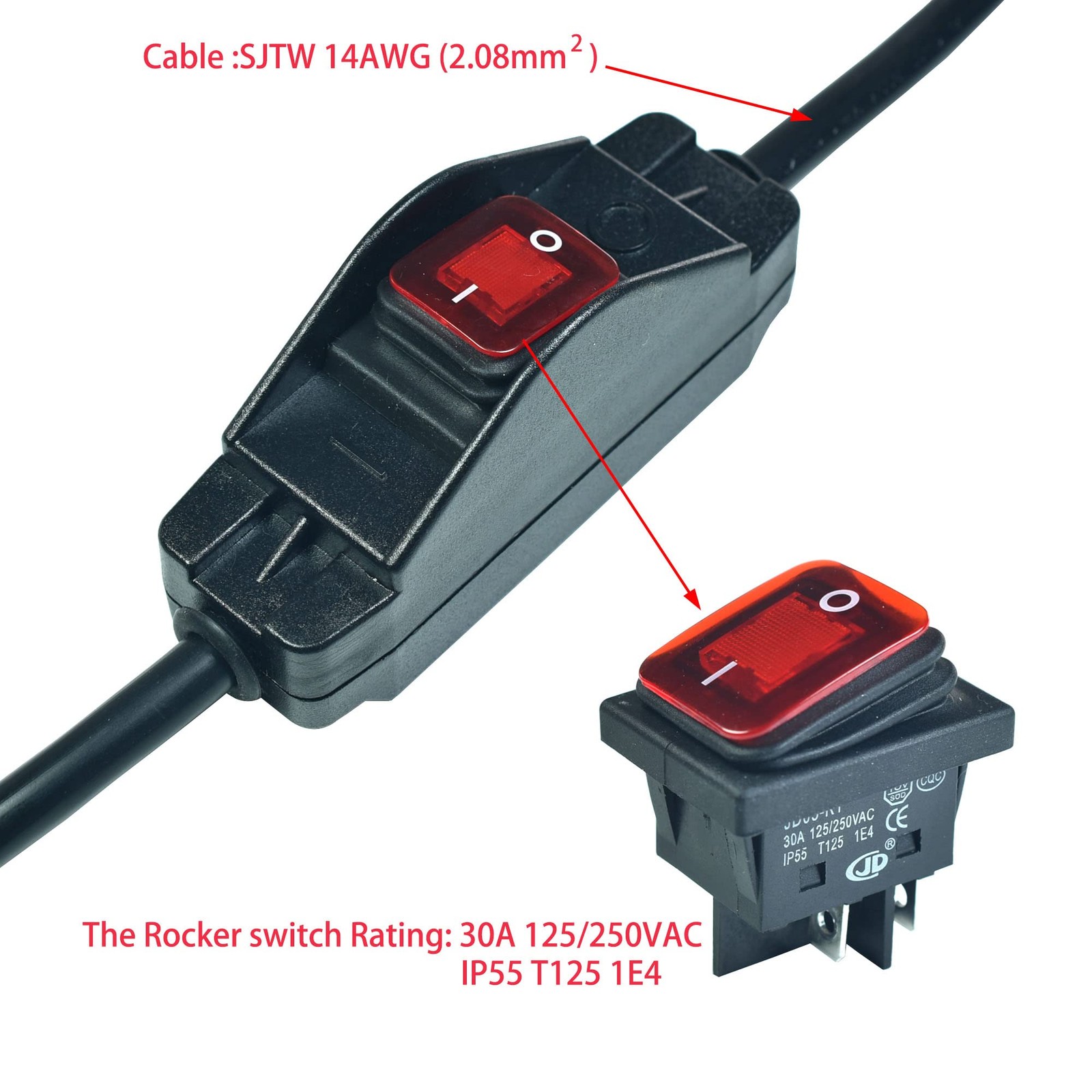 3-Prong Extension Cord，1625W Heavy Duty Short Extension Cable with on off Switch