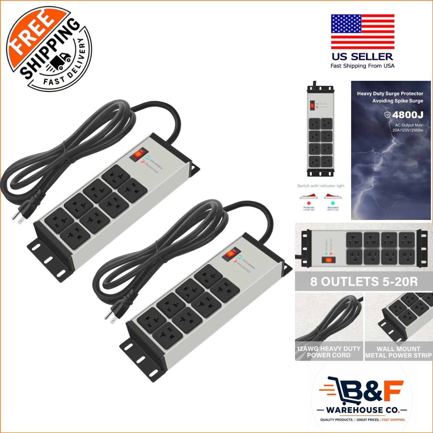 Industrial 20 Amp Power Strip – 8 Heavy-Duty Outlets with 6FT Cord, 4800J Surge