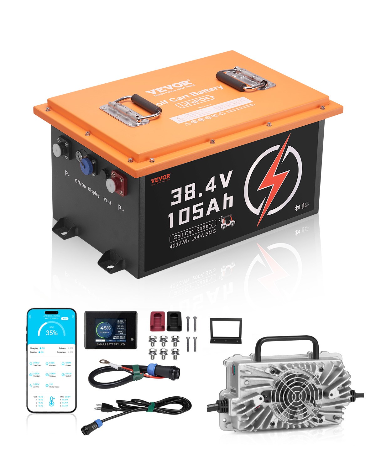 VEVOR 36V 105Ah Golf Cart Lithium Battery with 20A Charger and Touch Monitor