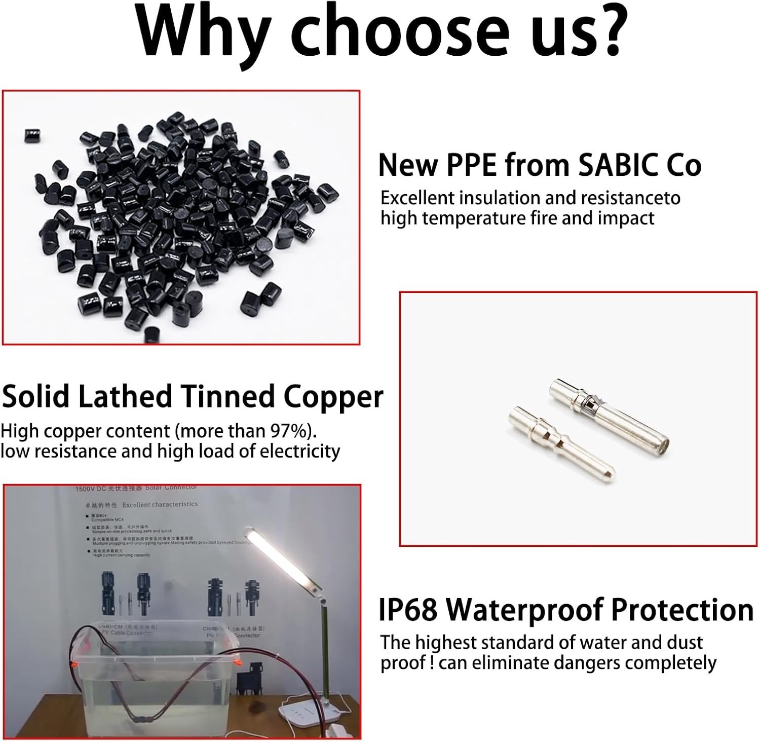 IP68 Waterproof 1500V 70A Solid Tinned Copper Terminal 8AWG Solar Connectors