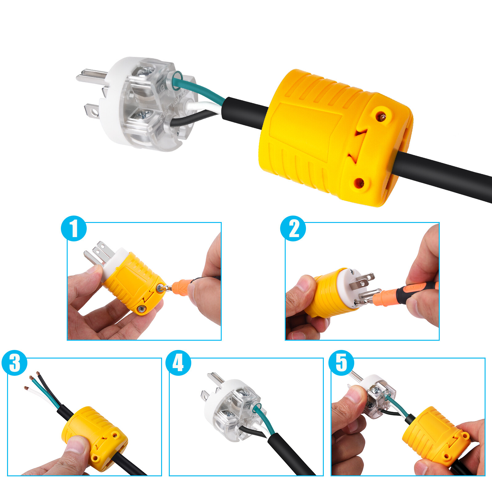 10 Extension Cord Ends 5 Male and 5 Female, Replacement Plug & Connector Set 15A