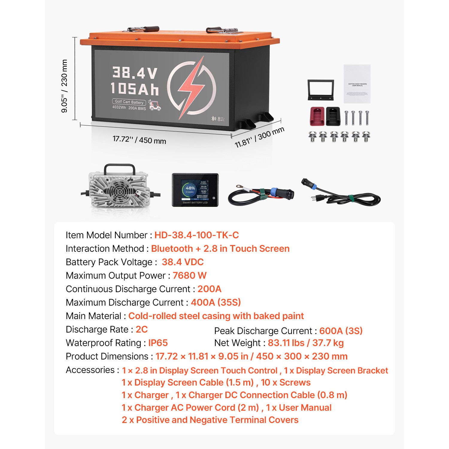 36V 105Ah Golf Cart Lithium Battery with 20A Charger and Touch Monitor