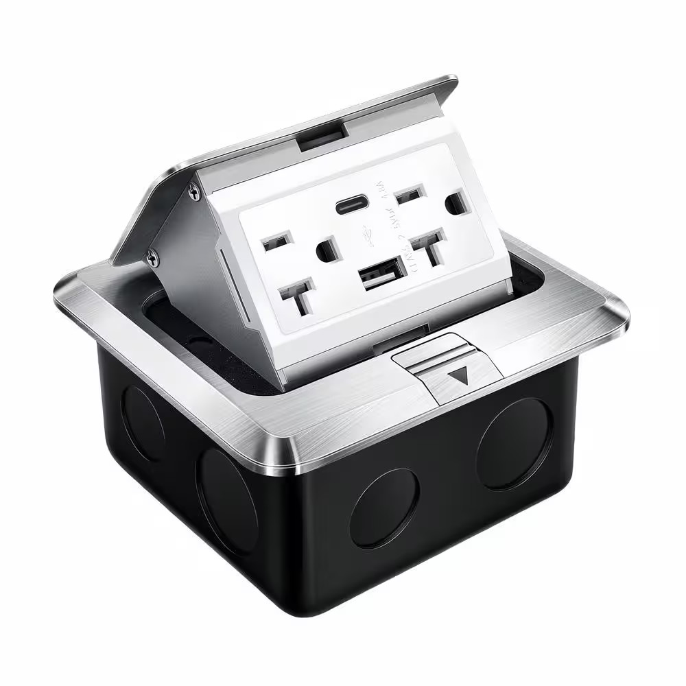 20 Amp 120-Volts Pop-Up Floor Electrical Outlet in Silver with USB Ports and Tam