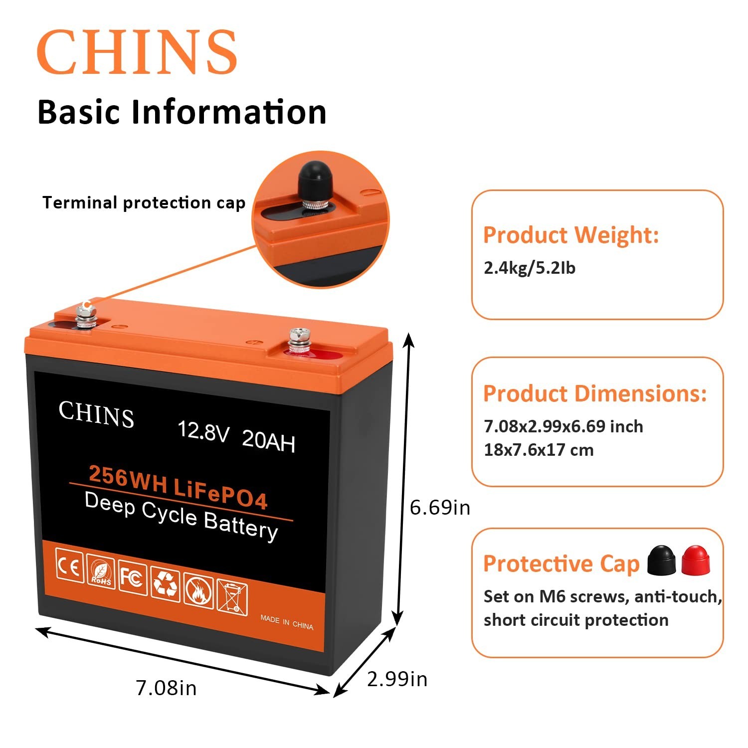 CHINS LiFePO4 Battery 12V 20AH Lithium Battery – Built-in 20A BMS, 2000~5000 …