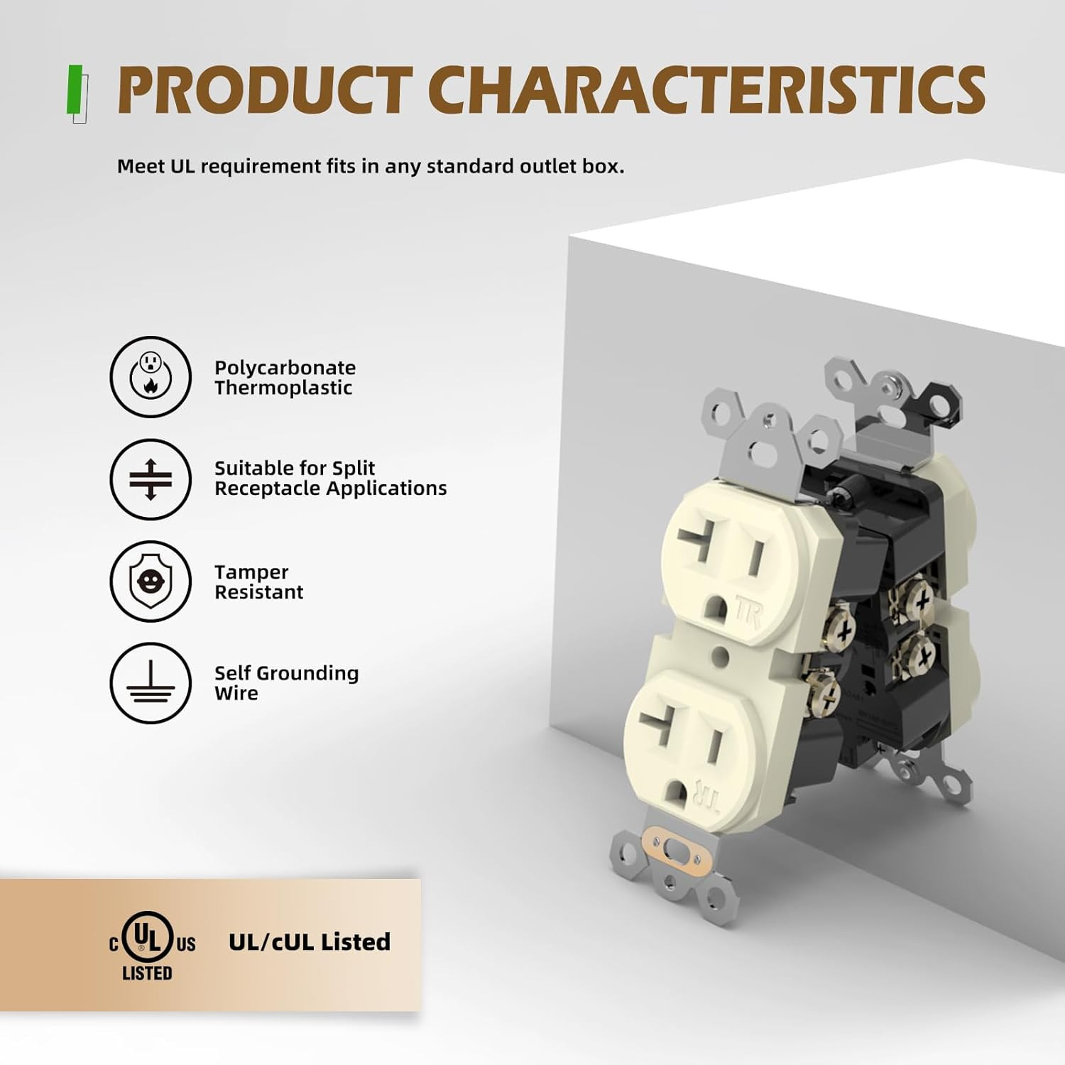 10 Pack Standard Duplex Receptacle Outlet, 20A/125V/2500W, Tamper-Resistant Elec