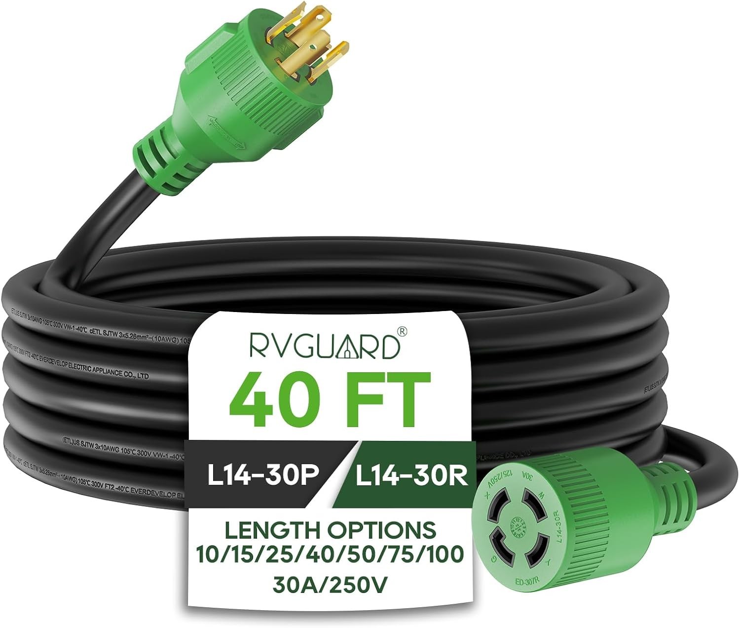 4 Prong 30 Amp 40 Foot Generator Extension Cord, NEMA L14-30P/L14-30R