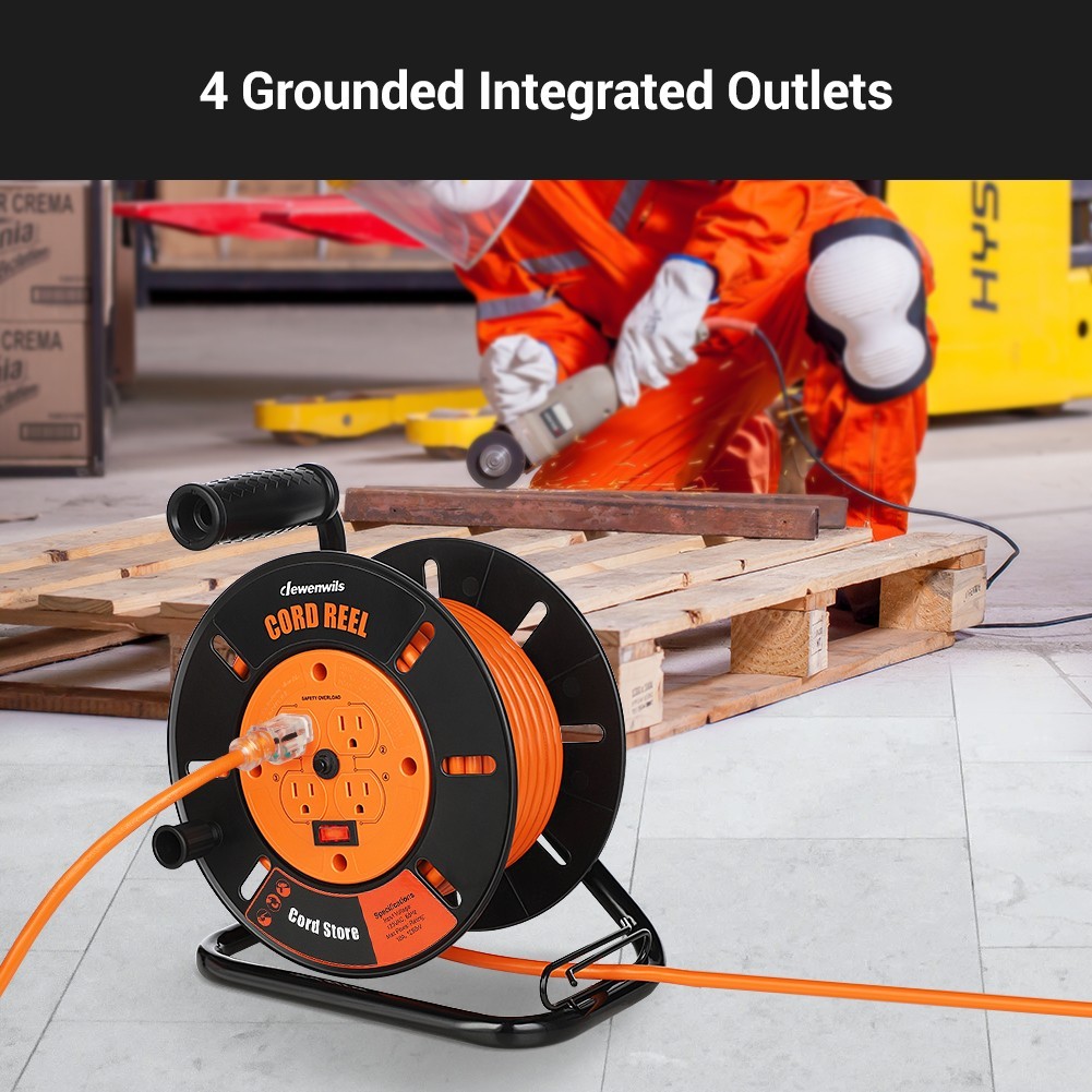 DEWENWILS Heavy Duty Extension Cord Reel with 15A Breaker, 4-Grounded Outlets