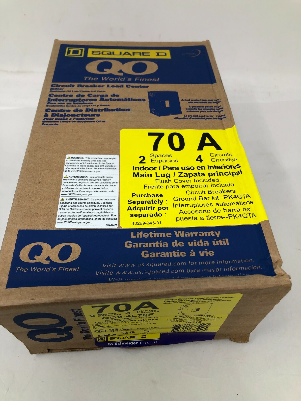 Square D QO24L70F 70A Load Center Main Lug 1-Phase 2-Spaces 4-Circuits 120/240V