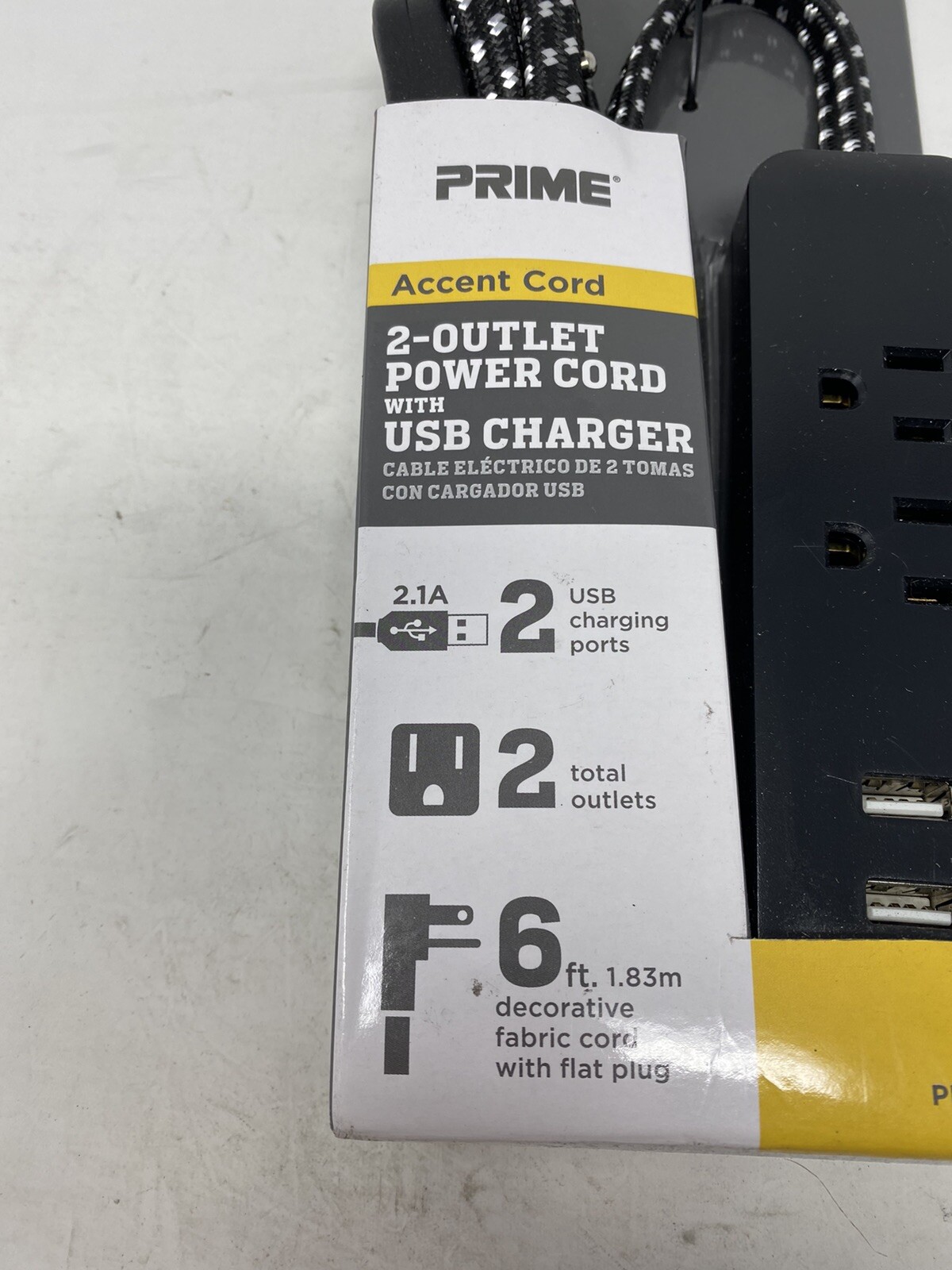 Prime #PBUF0001 6′ Black 2-Outlet & 2-Usb Fabric Accent Power Strip Cord #9774