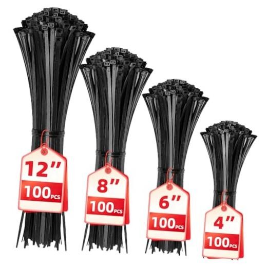 400 Pack Black Cable Zip Ties – 12+8+6+4 – Assorted Sizes 12+8+6+8+12-Inch