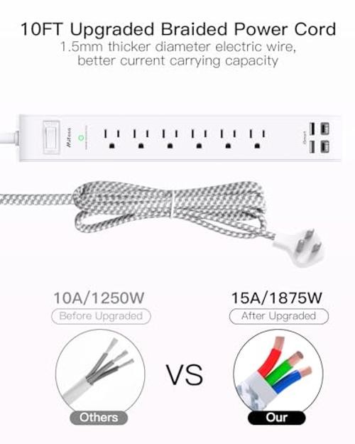 Surge Protector Power Strip 10 ft with 4 USB Ports 2 USB-C 6 AC 10FT White&Grey