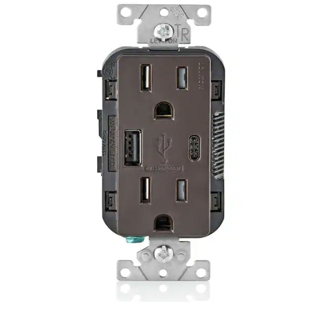 Leviton T5633-B Brown Duplex Outlet Tamper Resistant w/ USB-A & USB-C 15A