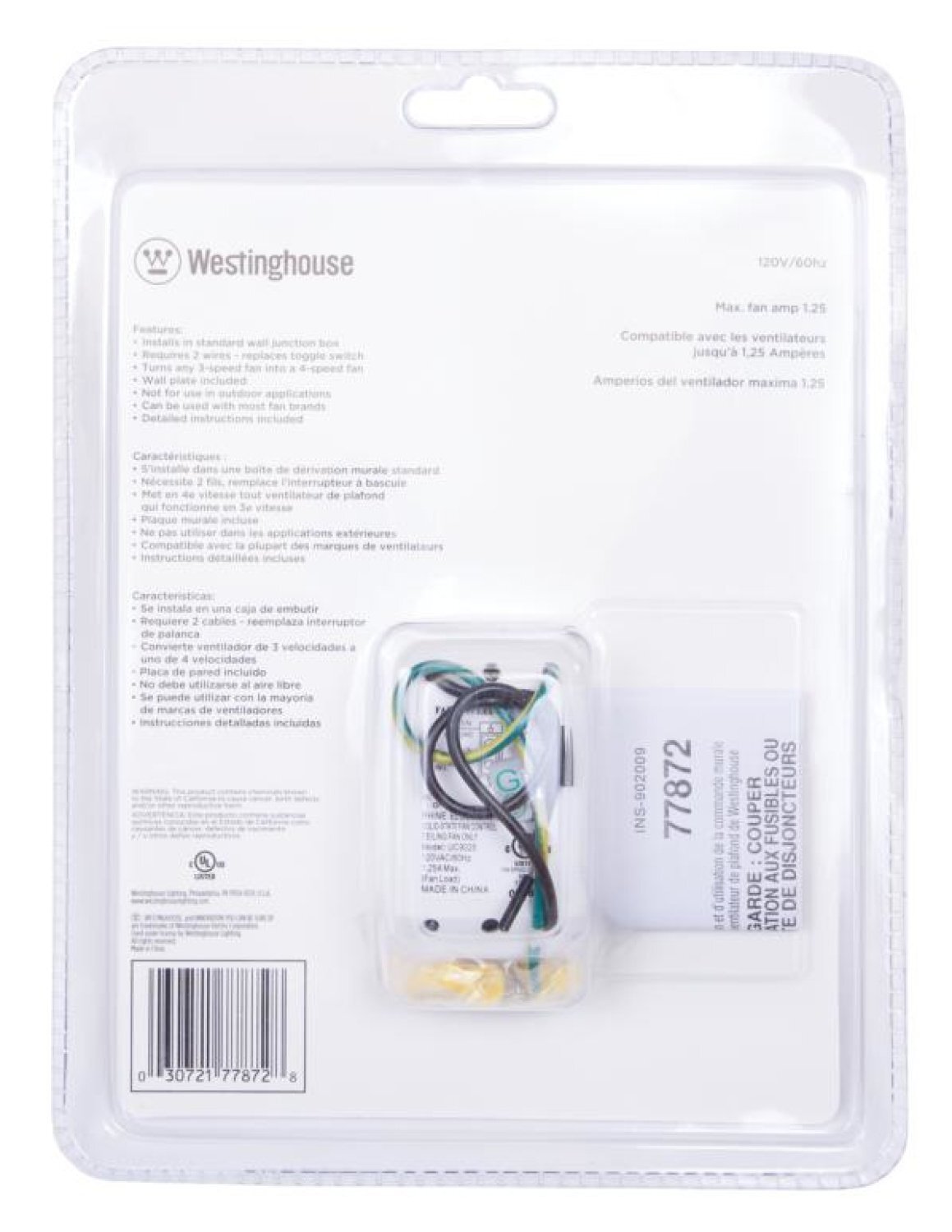 Westinghouse White Electronic Switch 4 Fan Speeds Two Wire Control 77886