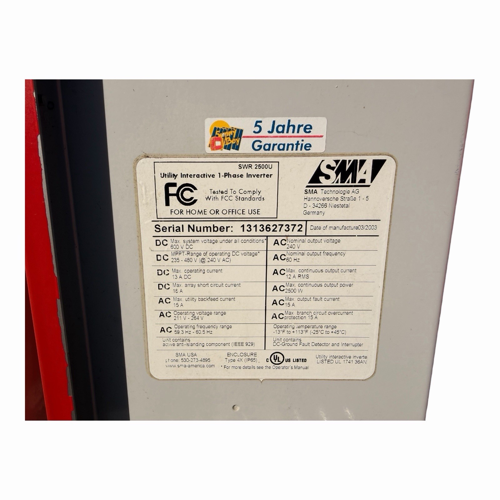 2 SMA 2500U Utility Interactive Single Phase Inverter – Sunny Boy SWR Read*